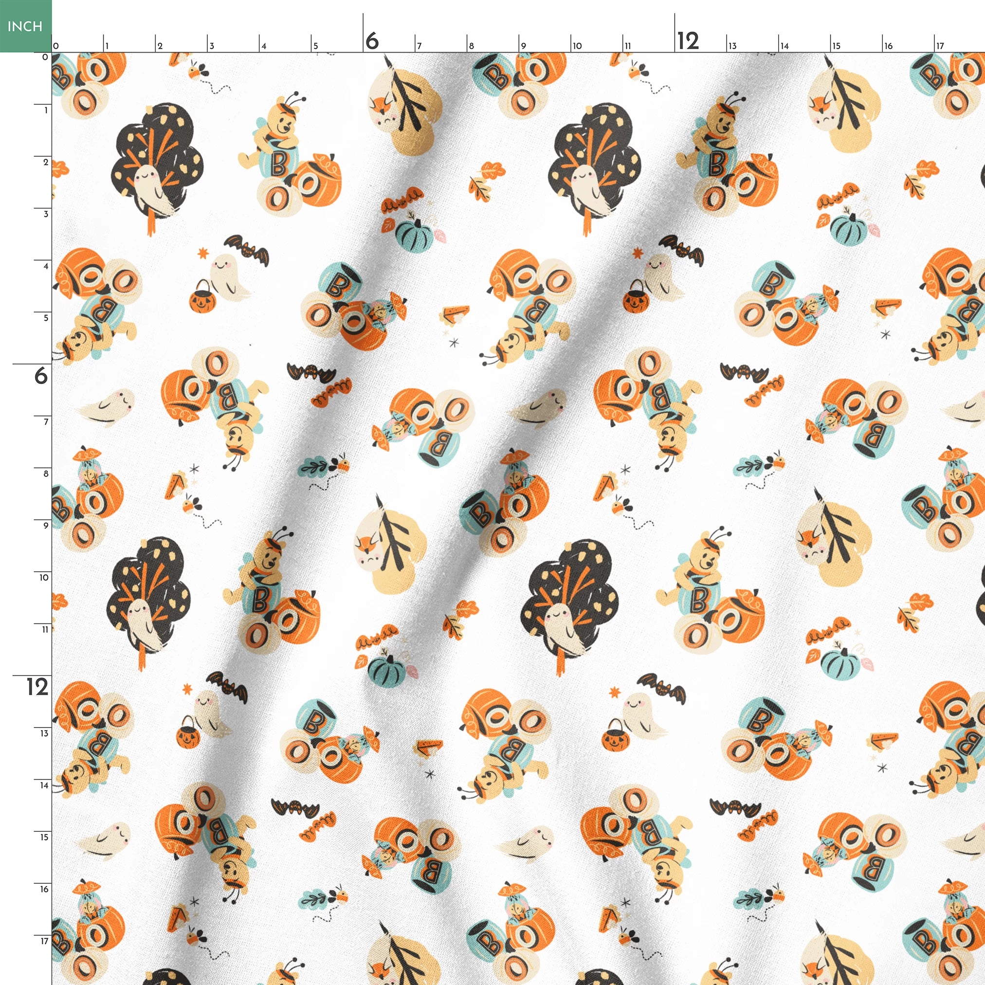 Halloween-themed pattern with Winnie the Pooh characters, pumpkins, and autumn motifs in orange, teal and black on white background. springs ruler 18x18