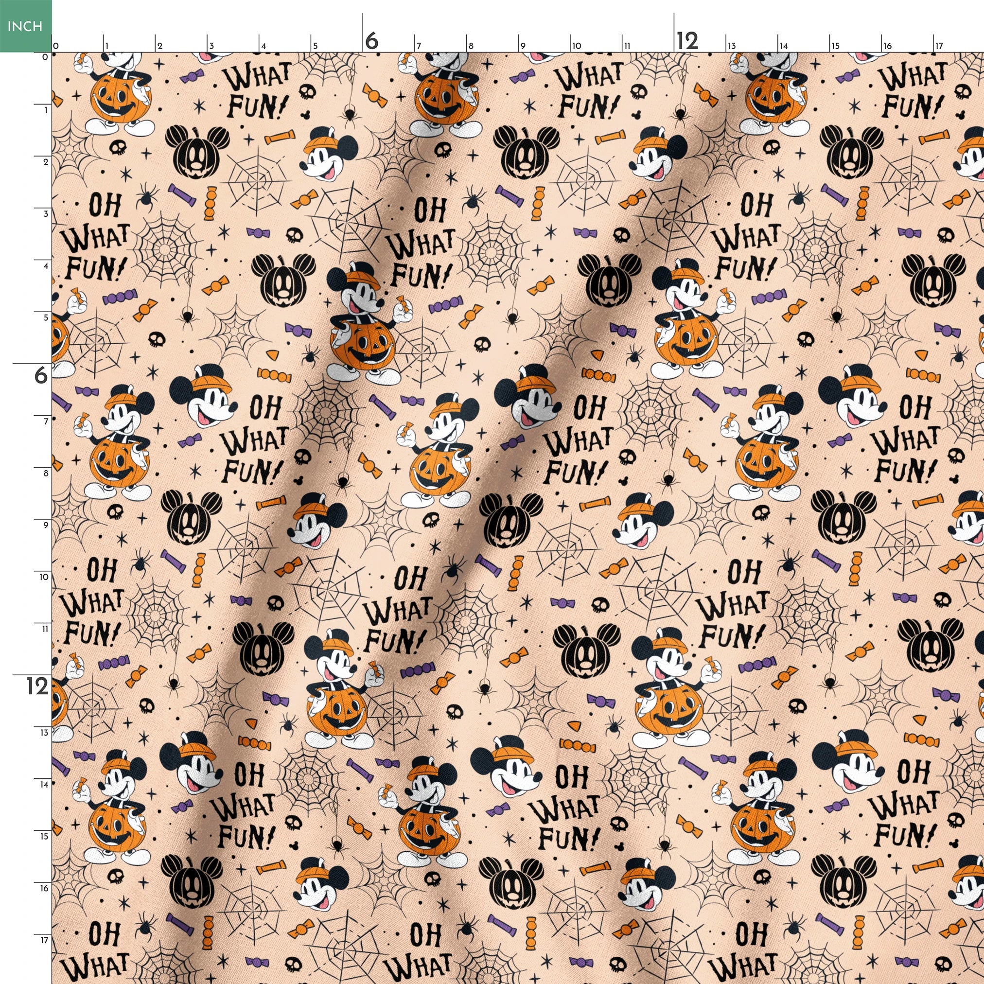 Halloween Mickey Mouse pattern with "OH WHAT FUN!" text, pumpkins, spiderwebs, and candy on beige background springs ruler 18x18