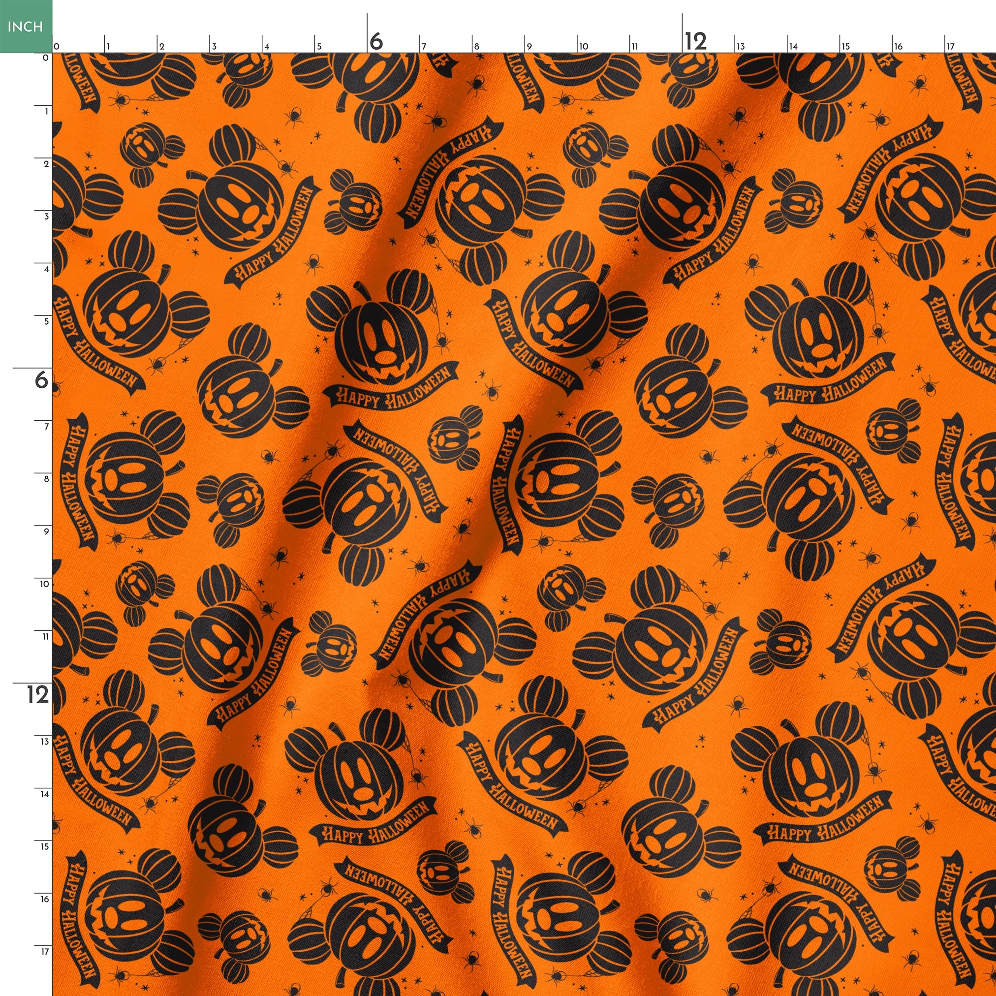 Halloween pattern with Disney-inspired jack-o'-lantern pumpkins and "Happy Halloween" text on bright orange background springs ruler 18x18