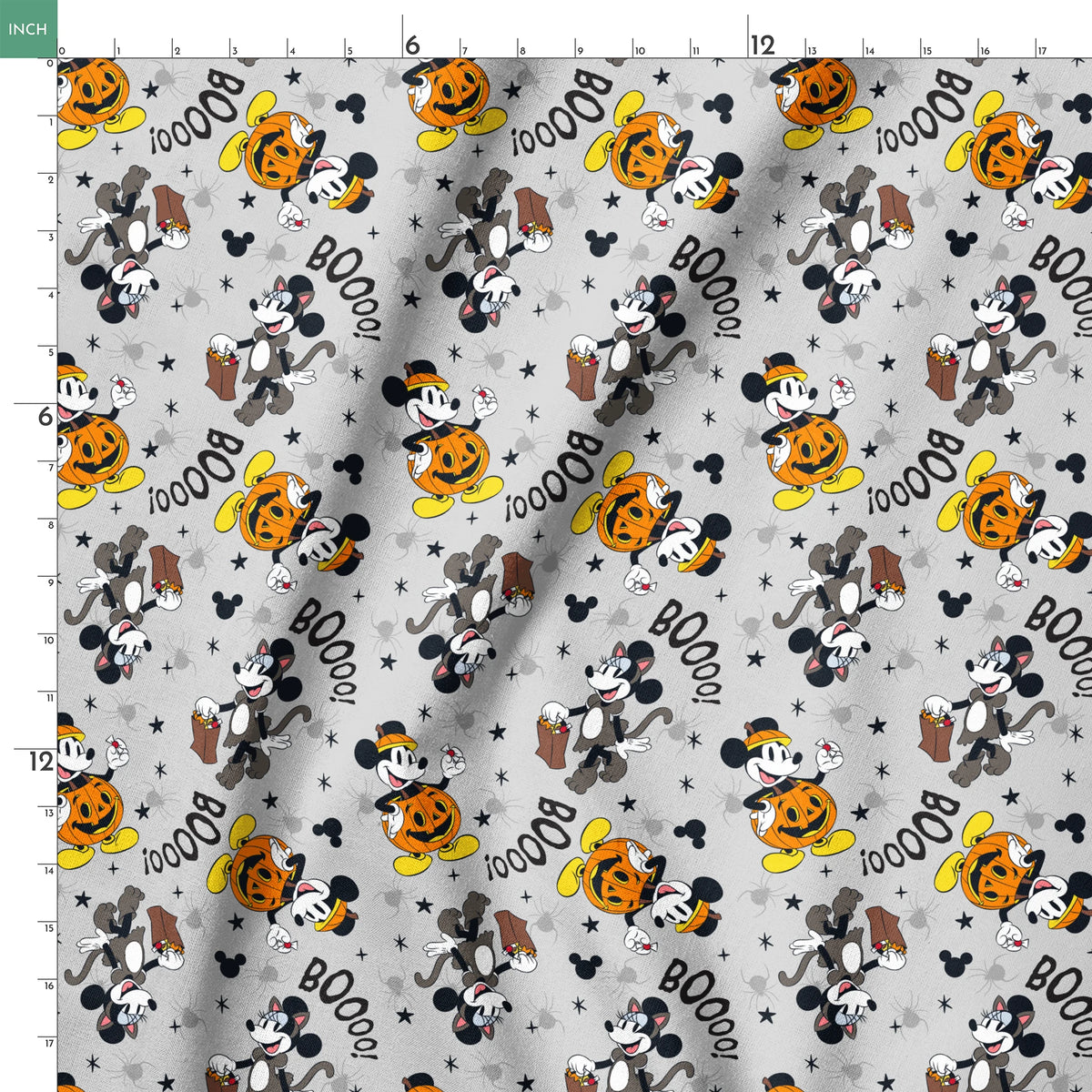 Mickey Mouse Halloween pattern with pumpkins, spiders, bats, "BOO!" text on gray background springs ruler 18x18