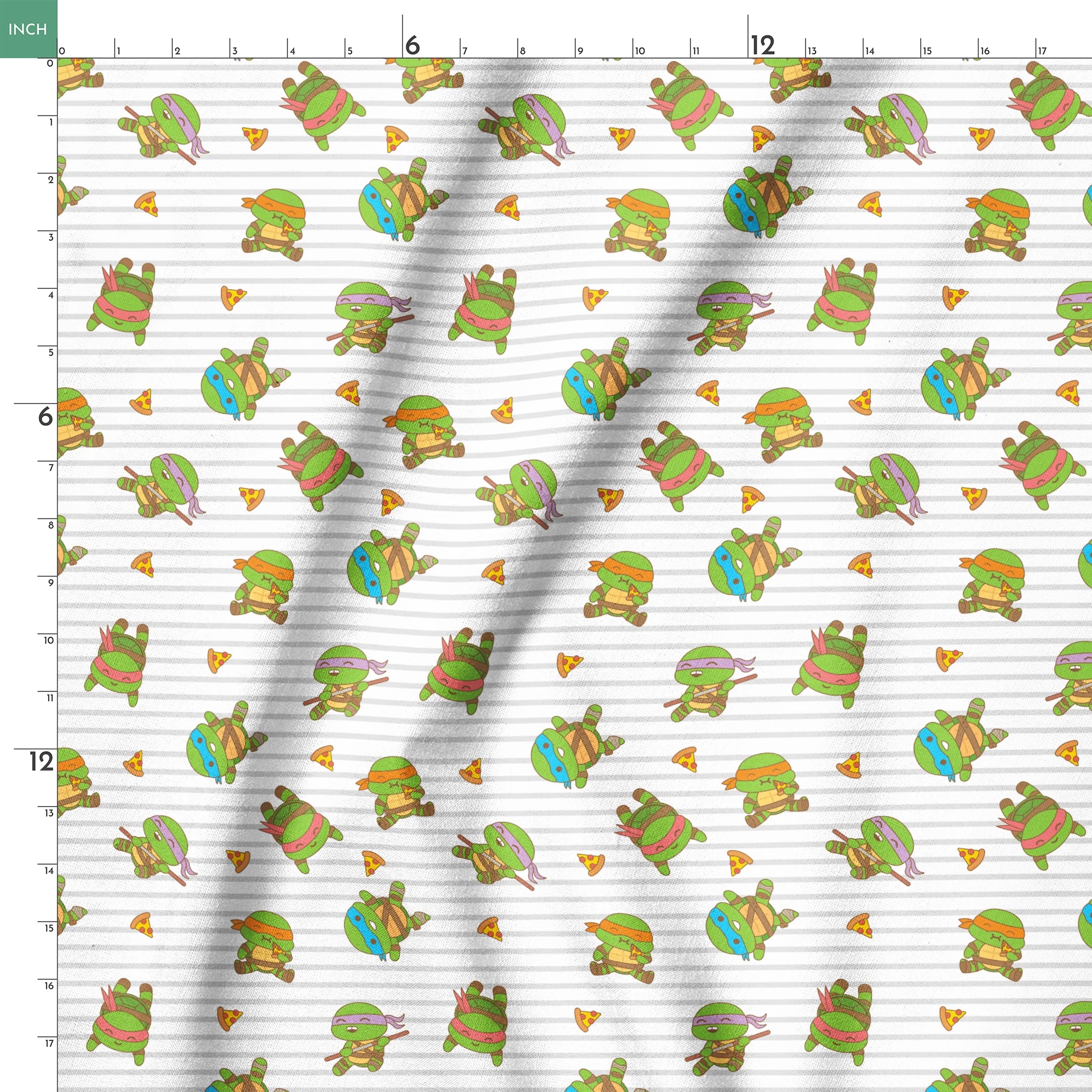 Teenage Mutant Ninja Turtles in various poses with pizza slices on gray striped background springs ruler 18x18