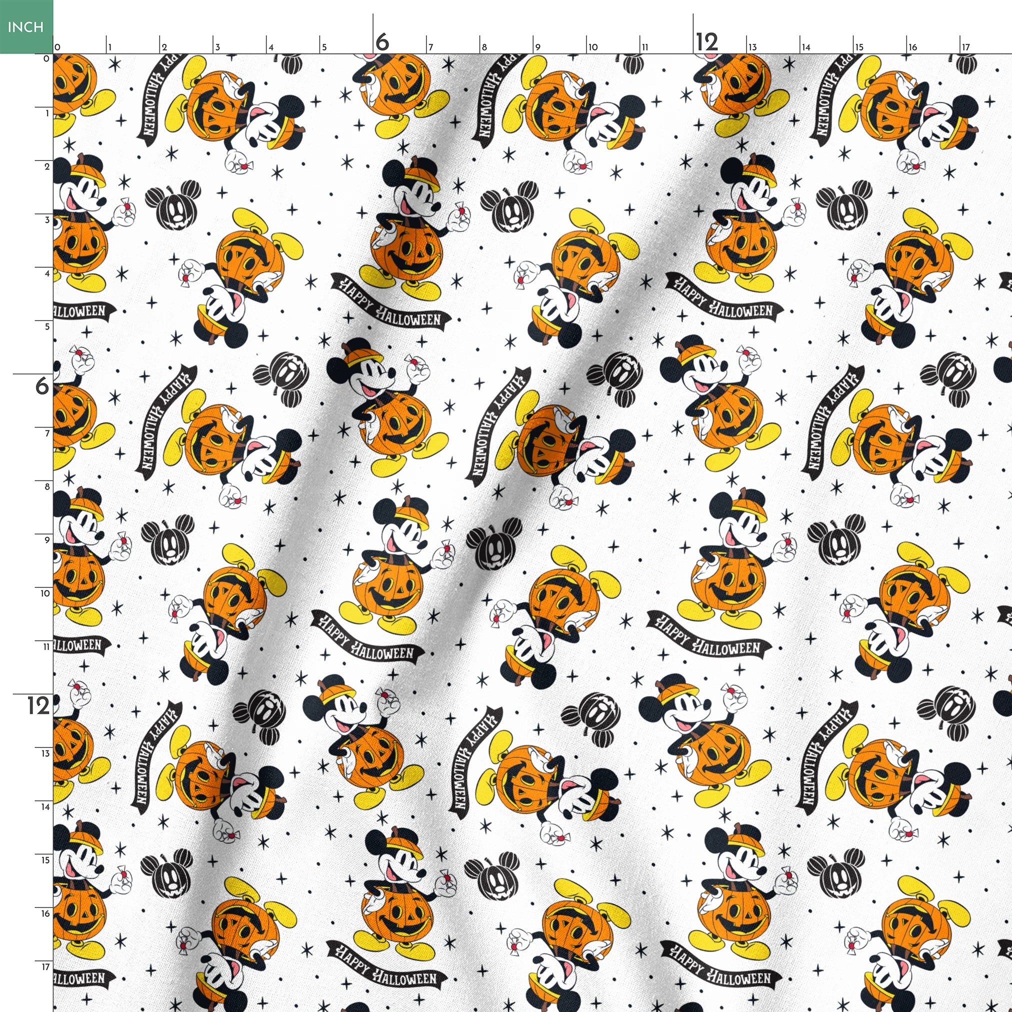 Mickey Mouse Halloween pattern dressed as pumpkins on white background with stars and "Happy Halloween" text springs ruler 18x18