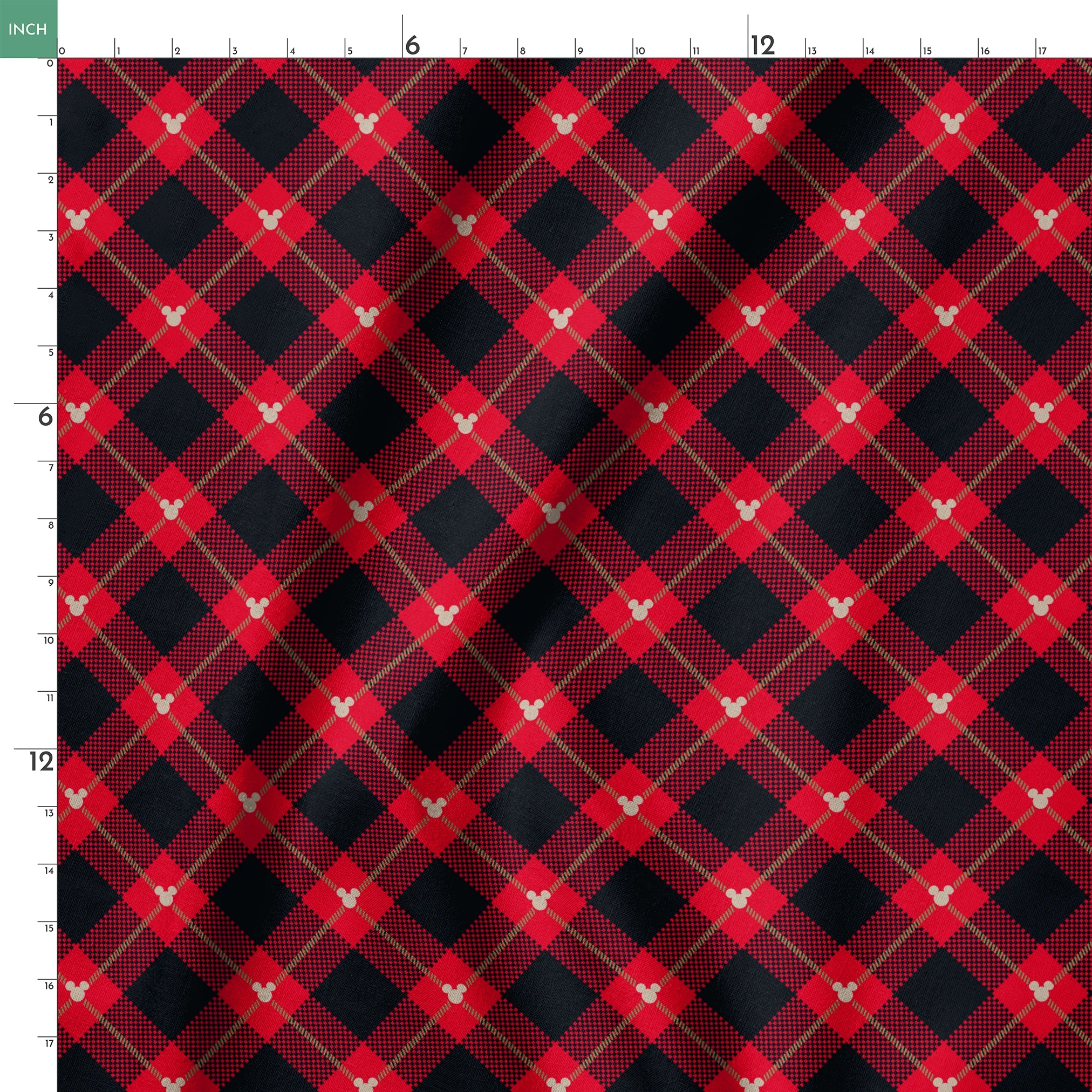 Red and black plaid pattern with diagonal gold stripes and small Mickey Mouse silhouettes springs ruler 18x18