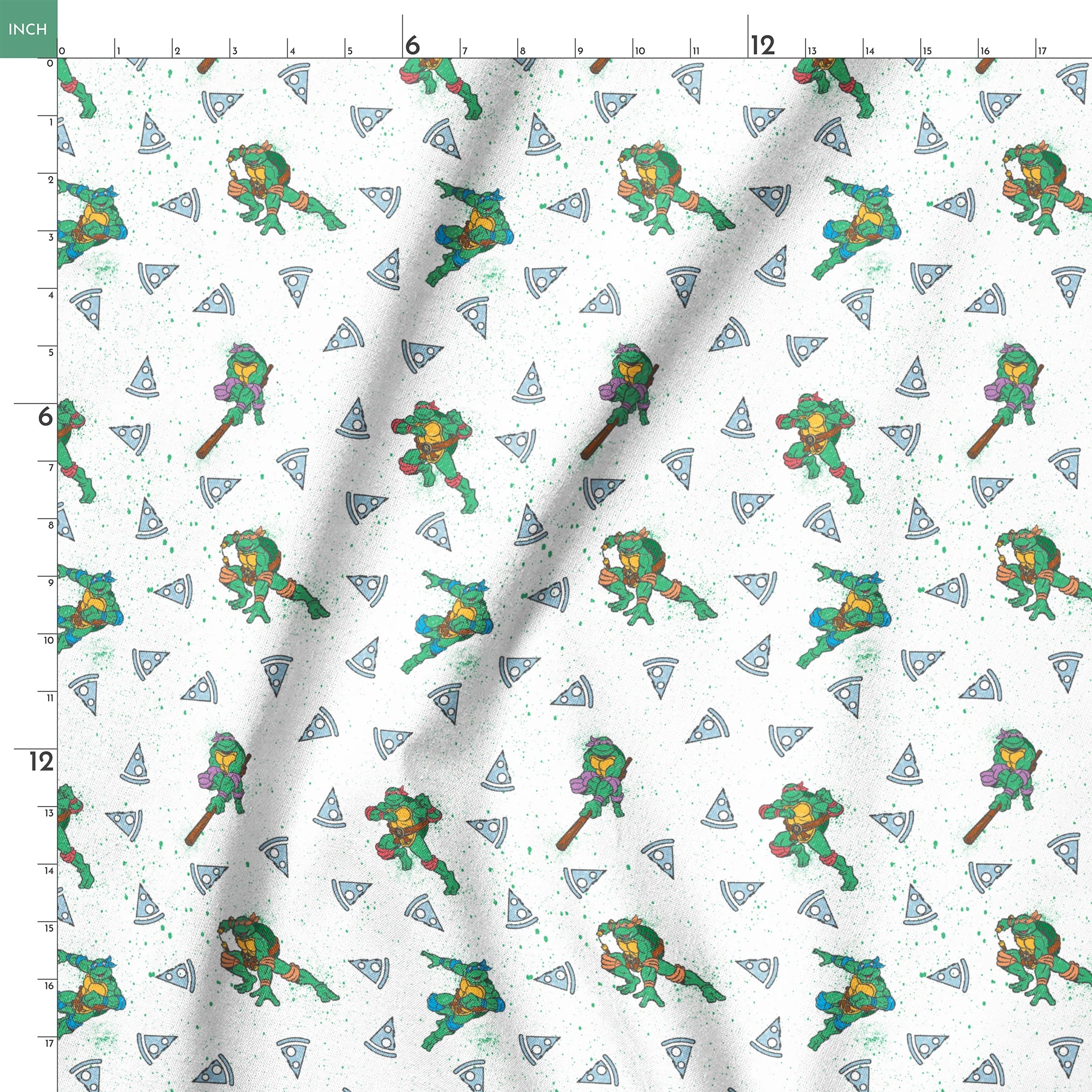Teenage Mutant Ninja Turtles in action poses scattered among pizza slices on white speckled background springs ruler 18x18