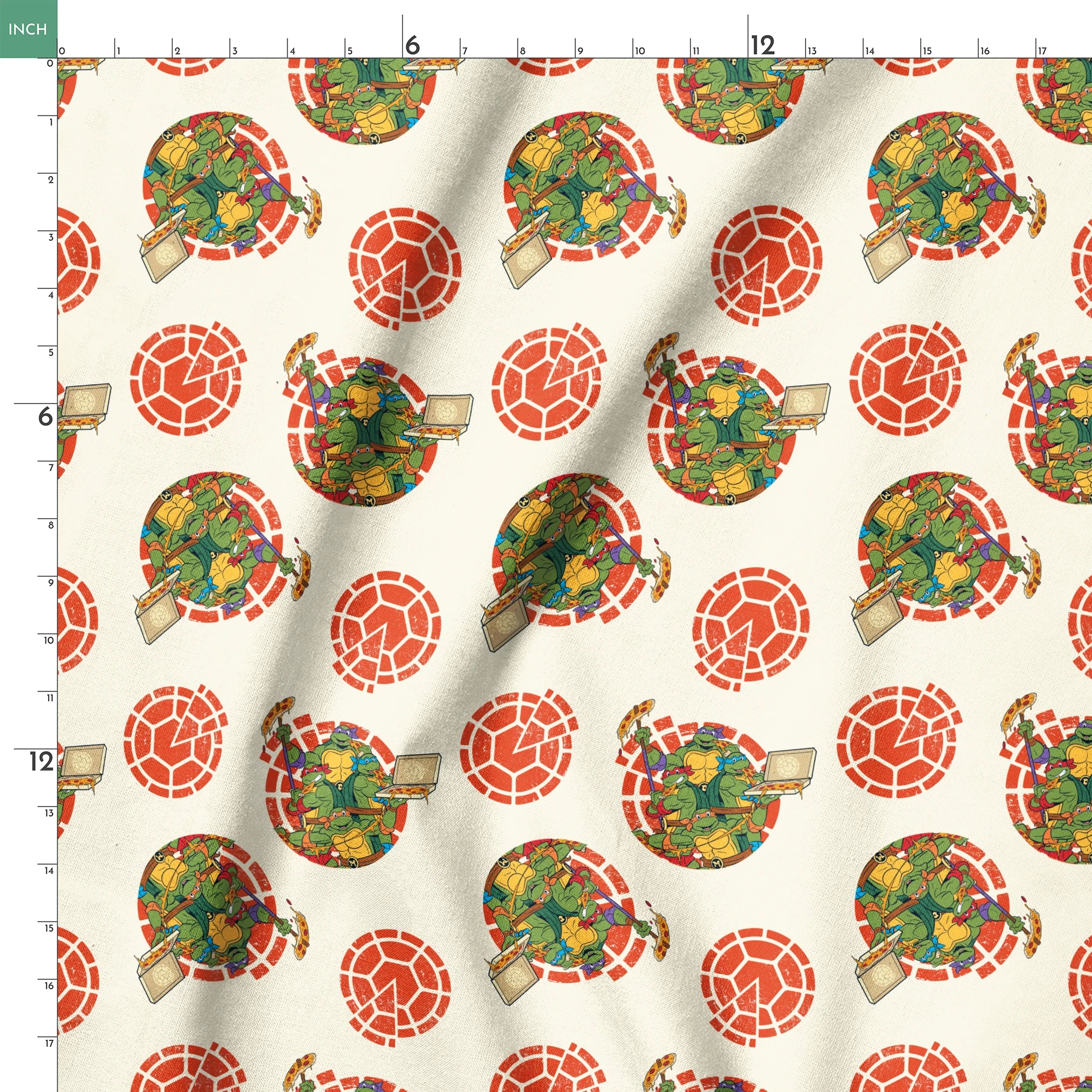 TMNT characters in circular formations on cream background with red shell pattern springs ruler 18x18