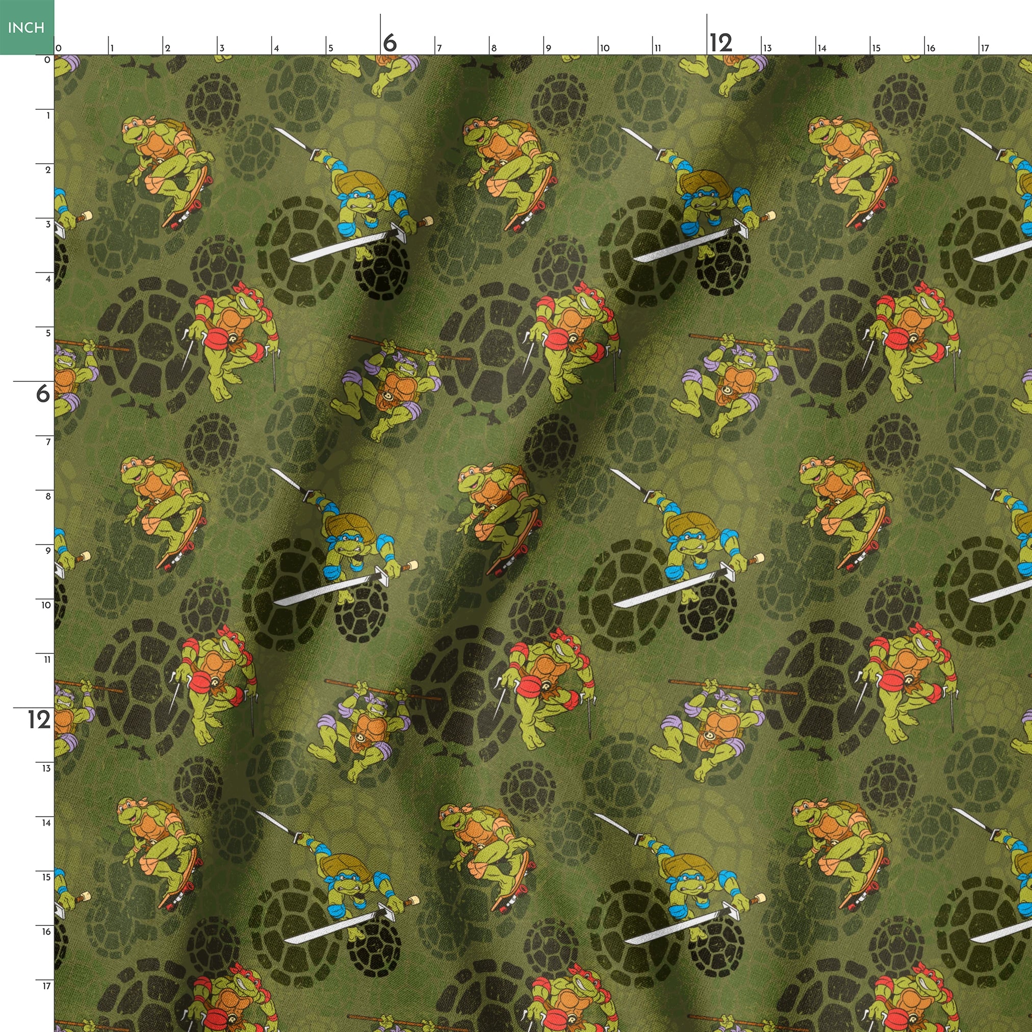 Teenage Mutant Ninja Turtles characters in action poses on green background with turtle shell patterns springs ruler 18x18