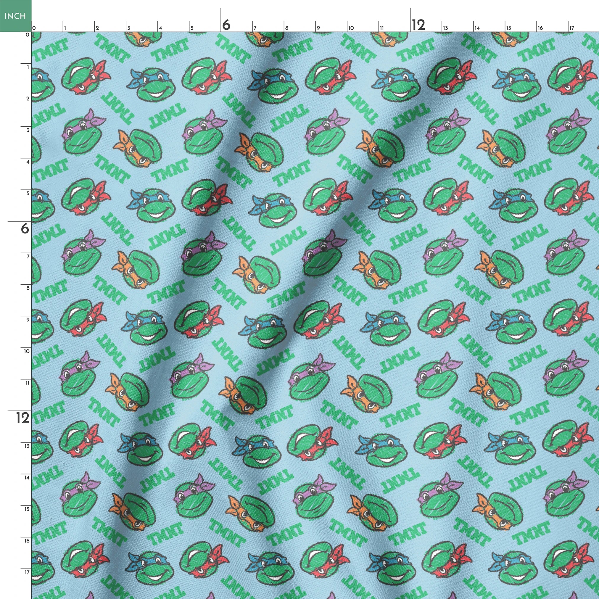 Cartoon pattern of Teenage Mutant Ninja Turtles faces with colored masks on light blue background springs ruler 18x18