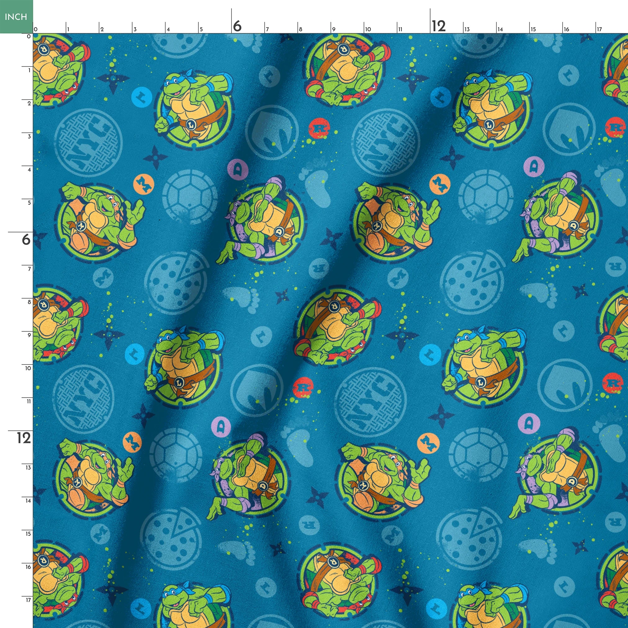 Teenage Mutant Ninja Turtles in circular medallions on teal background with subtle geometric patterns springs ruler 18x18