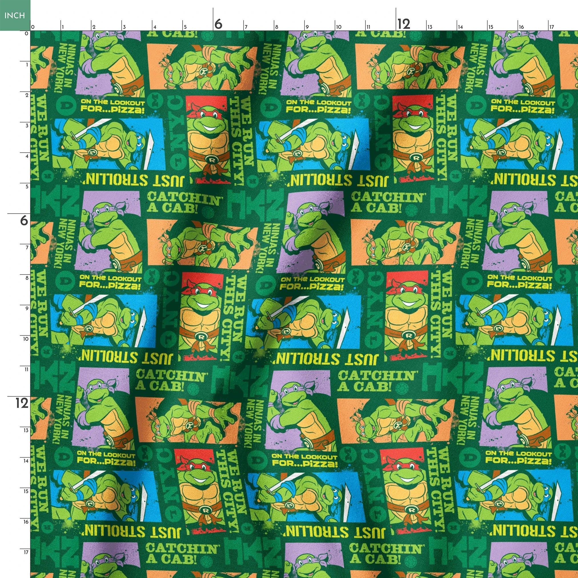 Teenage Mutant Ninja Turtles comic-style panels with phrases like "Catchin' a cab!" and "On the lookout for pizza!" on green background springs ruler 18x18