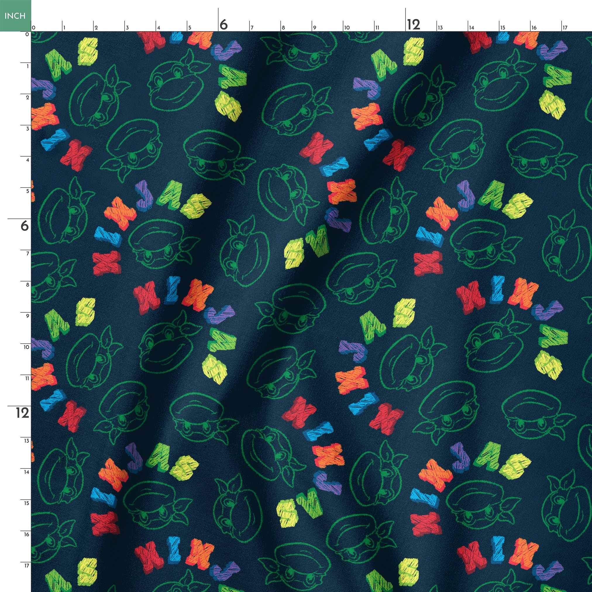 Colorful Ninja Turtles pattern with green outlines on dark blue background springs ruler 18x18