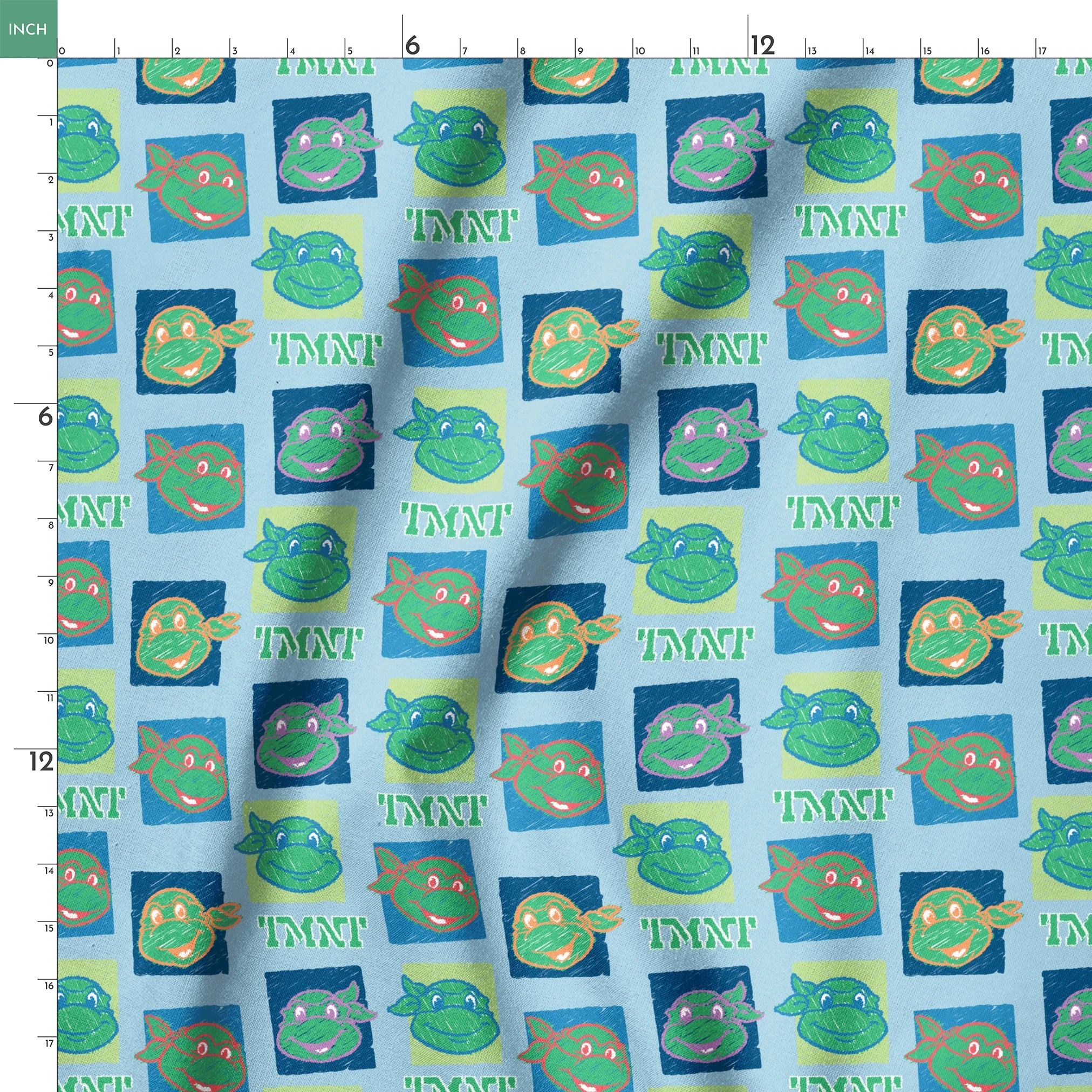 Teenage Mutant Ninja Turtles pattern with cartoon turtle faces in squares on light blue background springs ruler 18x18