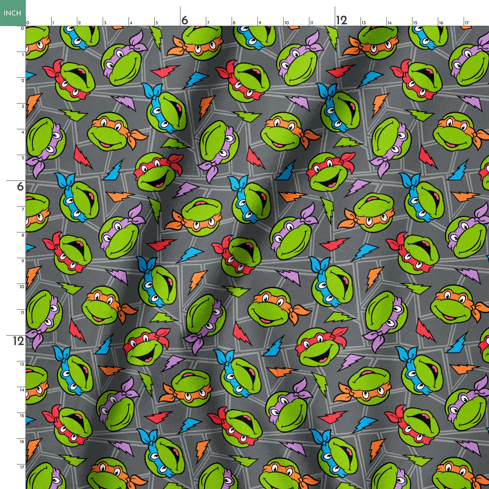Colorful pattern of Teenage Mutant Ninja Turtles faces with red, orange, blue, and purple masks on grey background. springs ruler 18x18