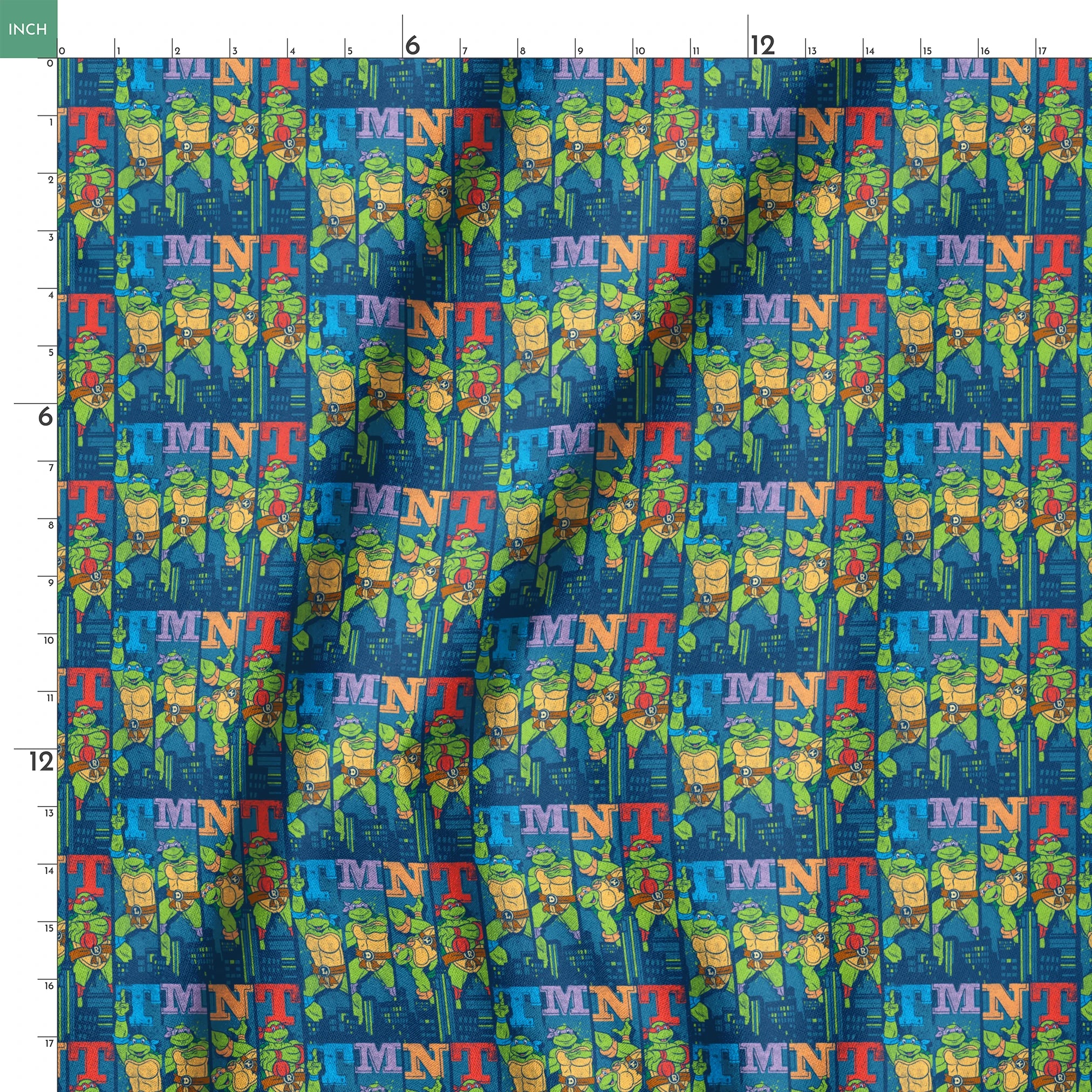 Colorful Teenage Mutant Ninja Turtles cartoon pattern with characters and "TMNT" text on blue cityscape background springs ruler 18x18