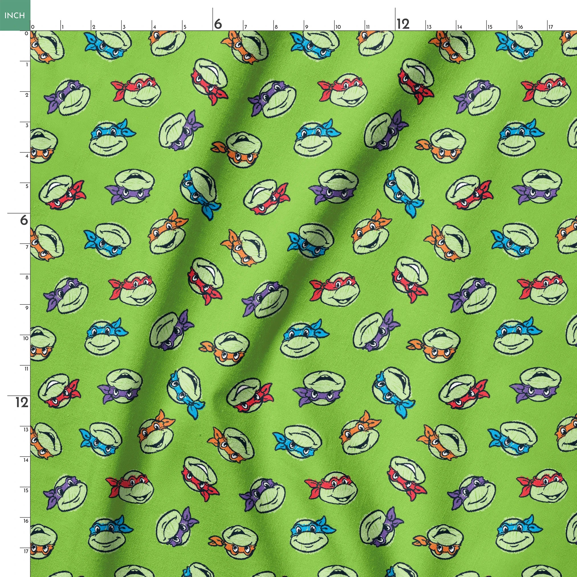 Teenage Mutant Ninja Turtles scattered on bright green background springs ruler 18x18