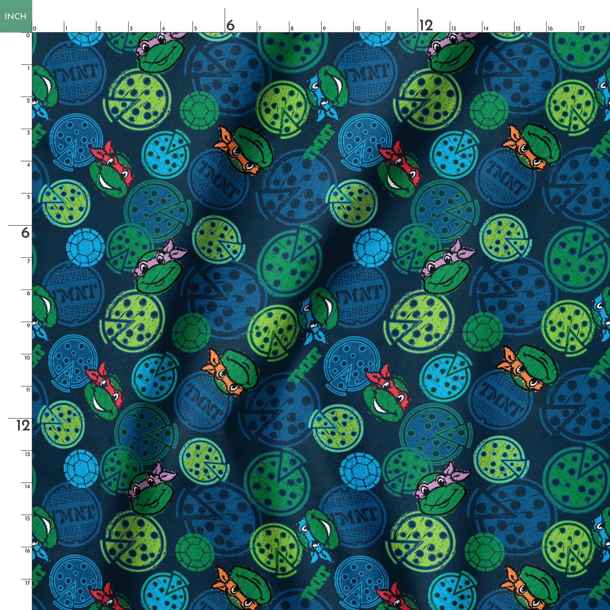 Teenage Mutant Ninja Turtles pattern with cartoon character heads and green/blue pizza circles springs ruler 18x18