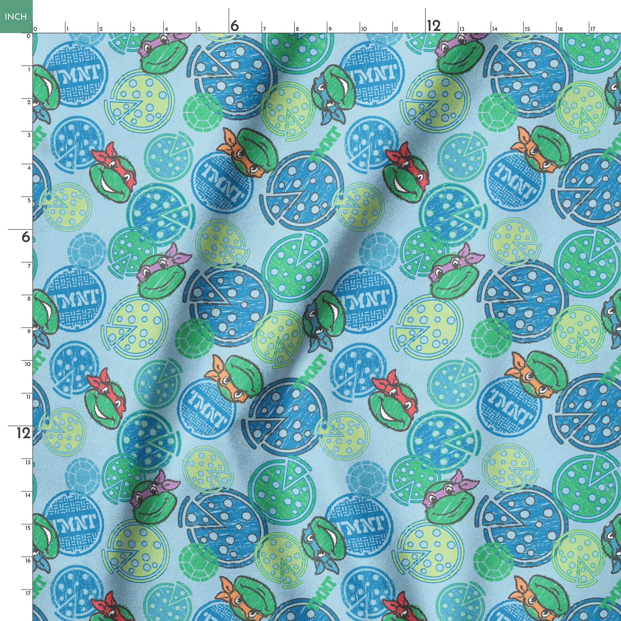 Cartoon Ninja Turtles pattern with colorful circular designs on light blue background springs ruler 18x18