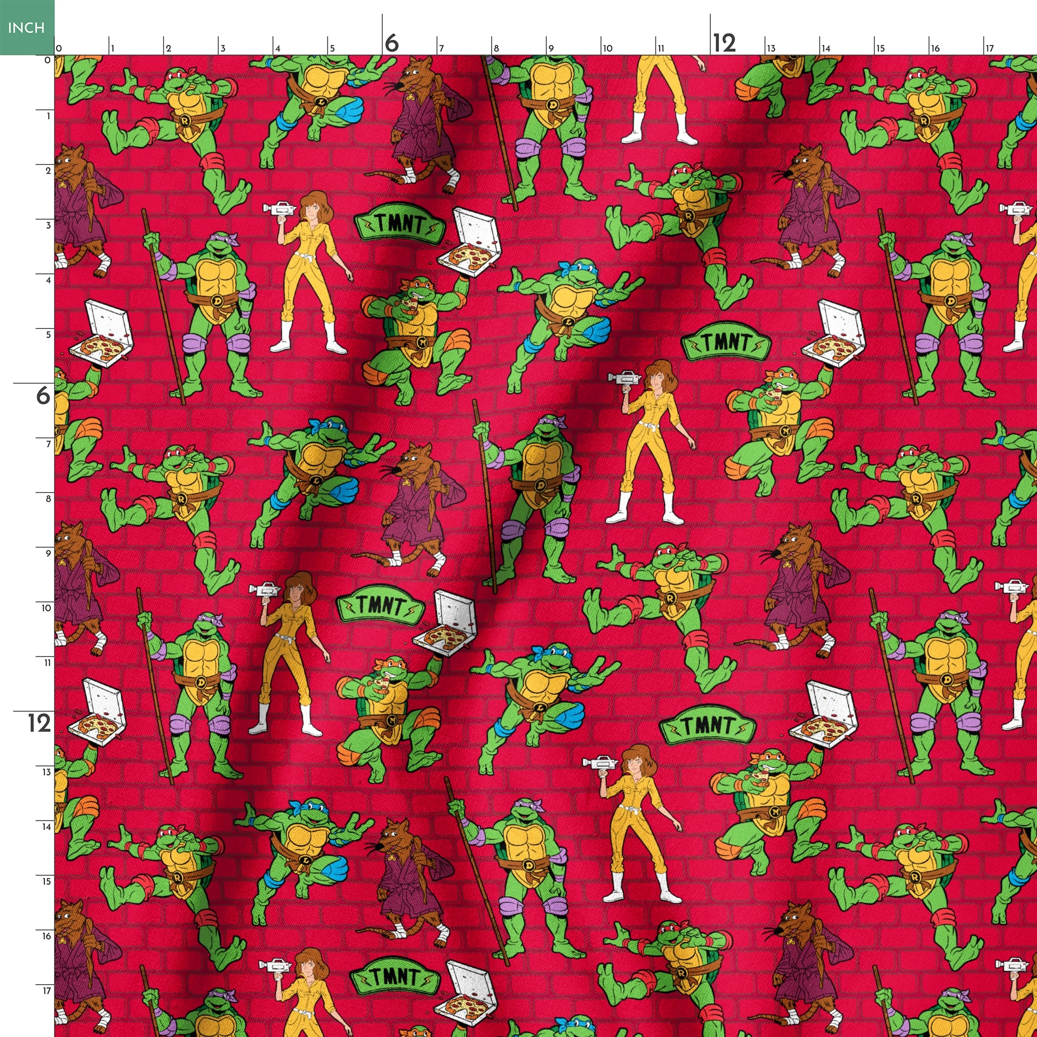 Teenage Mutant Ninja Turtles pattern on red background with green turtle characters in action poses springs ruler 18x18