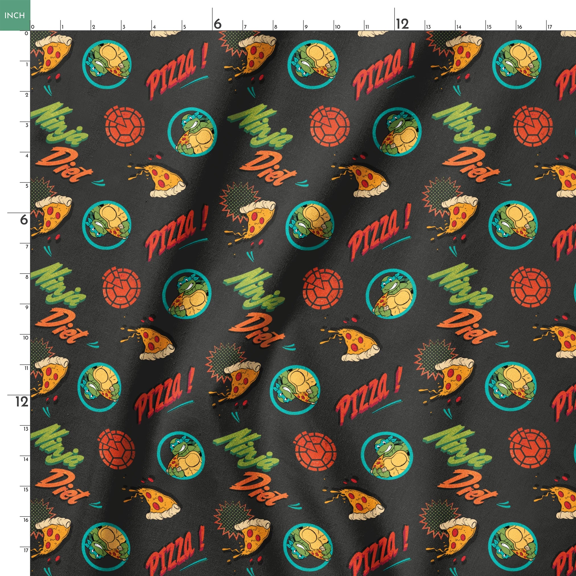 Colorful cartoon pizza pattern with "Pizza!" text, Teenage Mutant Ninja Turtles in circles, and decorative elements on dark background. springs ruler 18x18