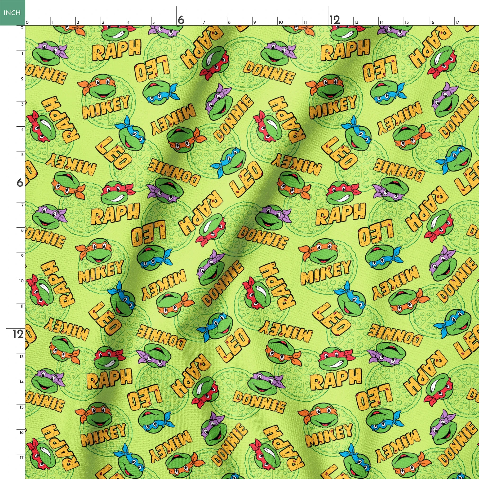 Teenage Mutant Ninja Turtles pattern with cartoon faces, names, and colorful masks on green background springs ruler 18x18