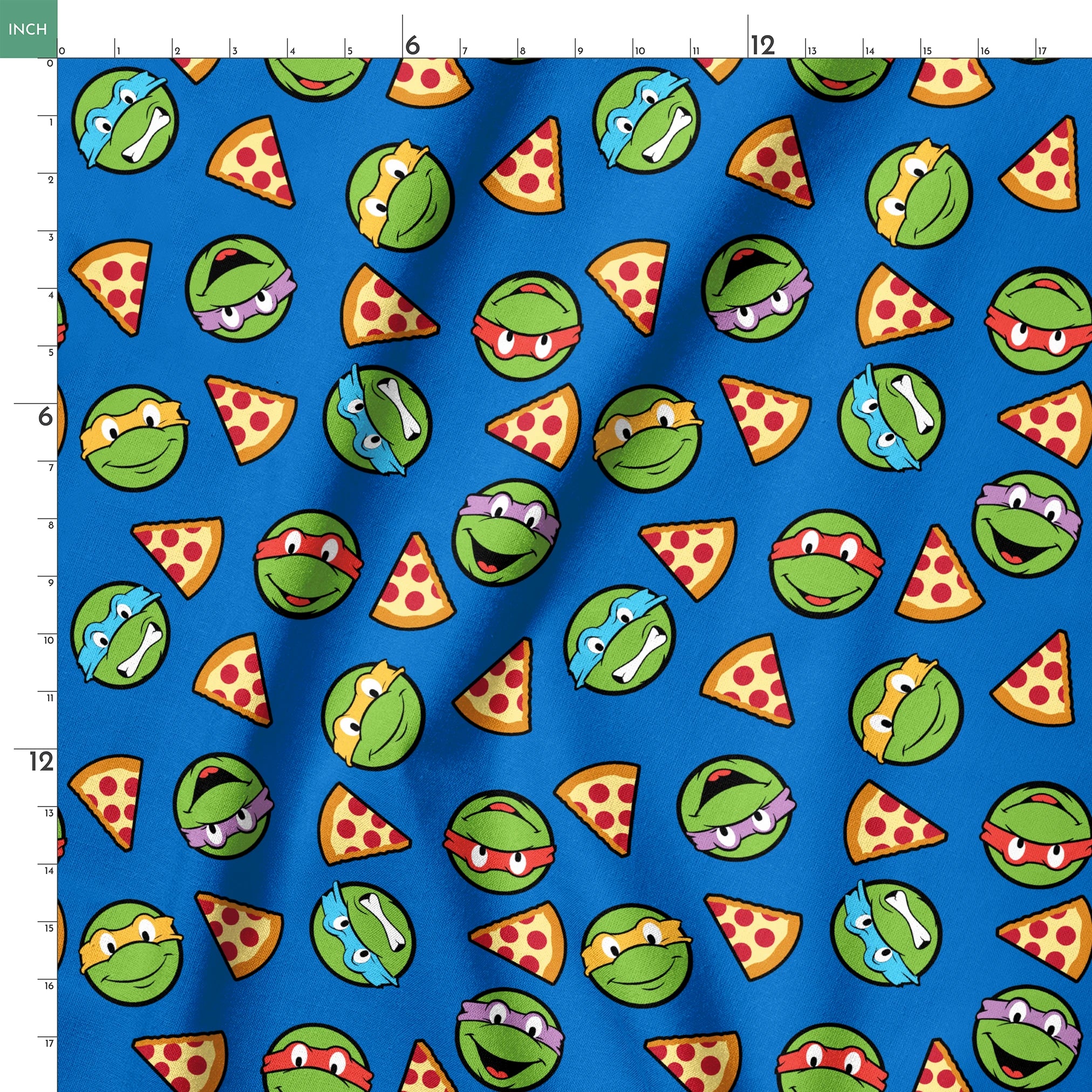 Teenage Mutant Ninja Turtle faces with colored masks and pizza slices pattern on blue background springs ruler 18x18