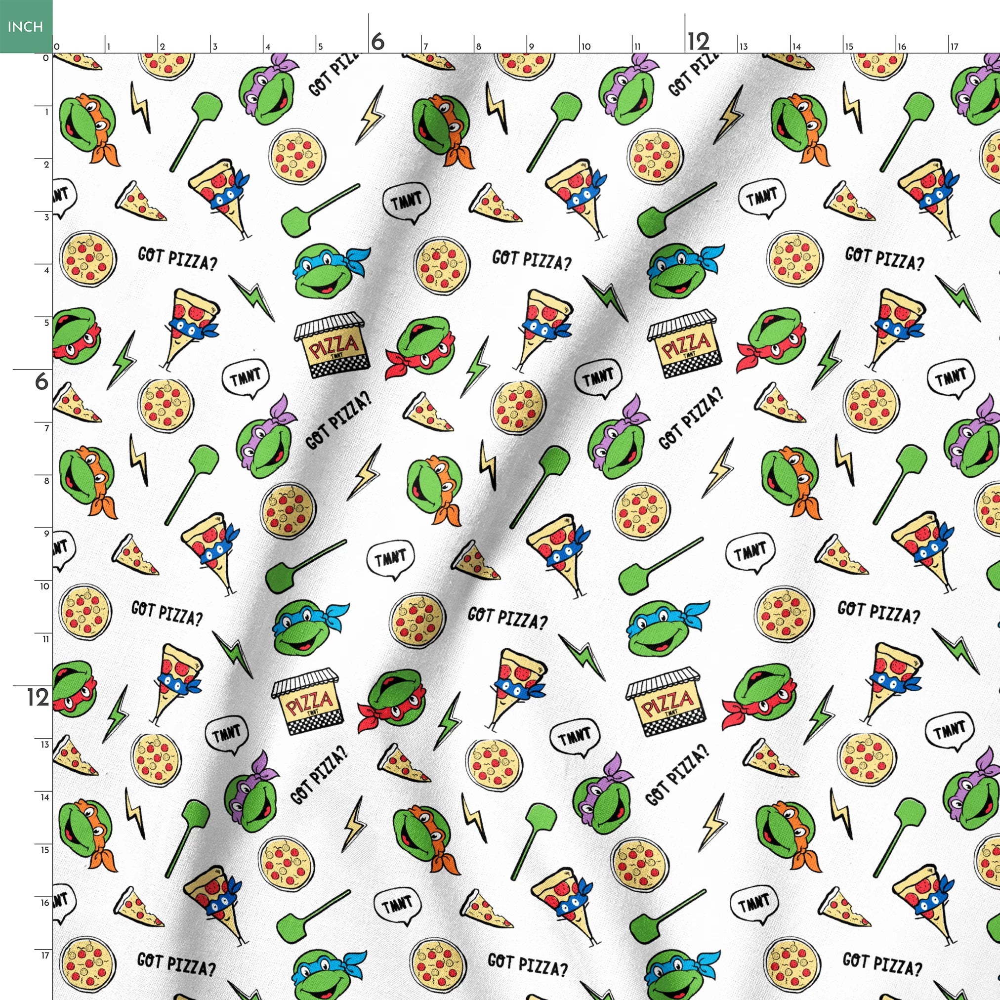 Cartoon pattern with Teenage Mutant Ninja Turtles, pizza slices, whole pizzas, lightning bolts and "GOT PIZZA?" text springs ruler 18x18