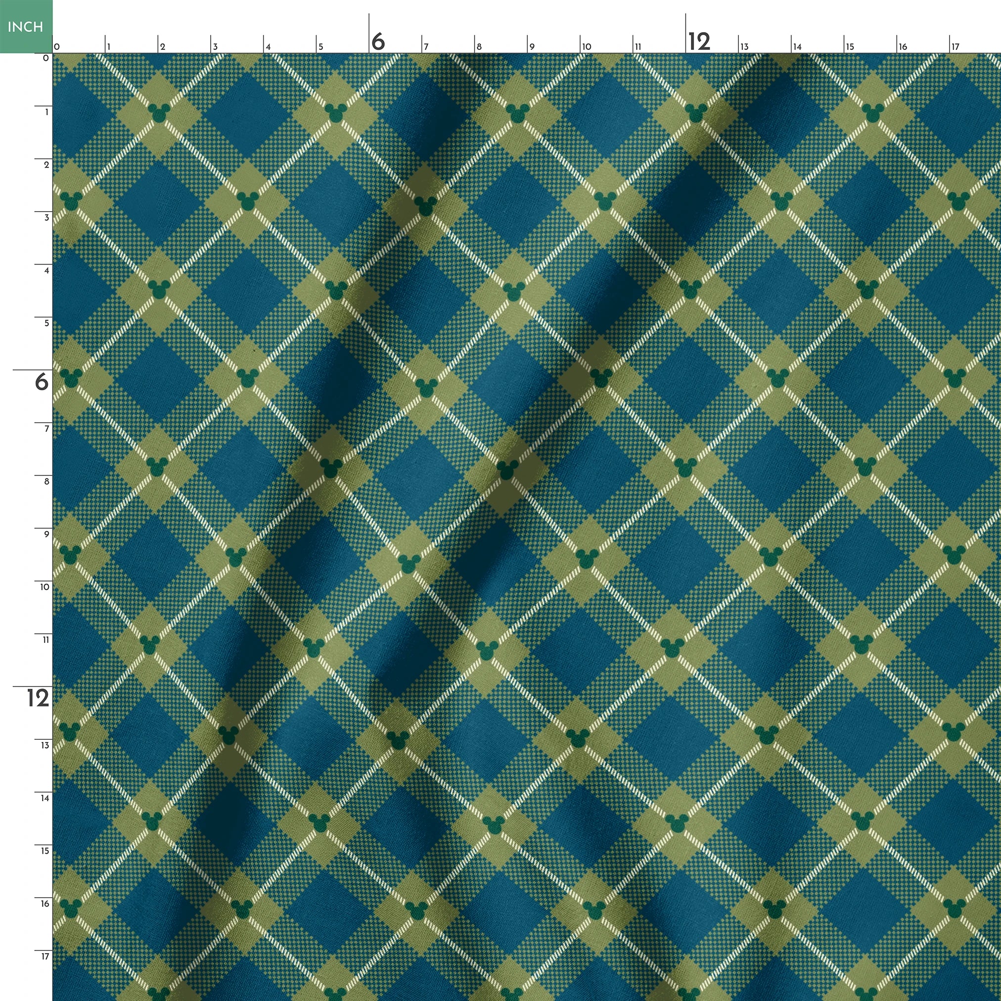 Geometric plaid pattern with teal and olive green diamonds, white diagonal stripes and checkered textures springs ruler 18x18