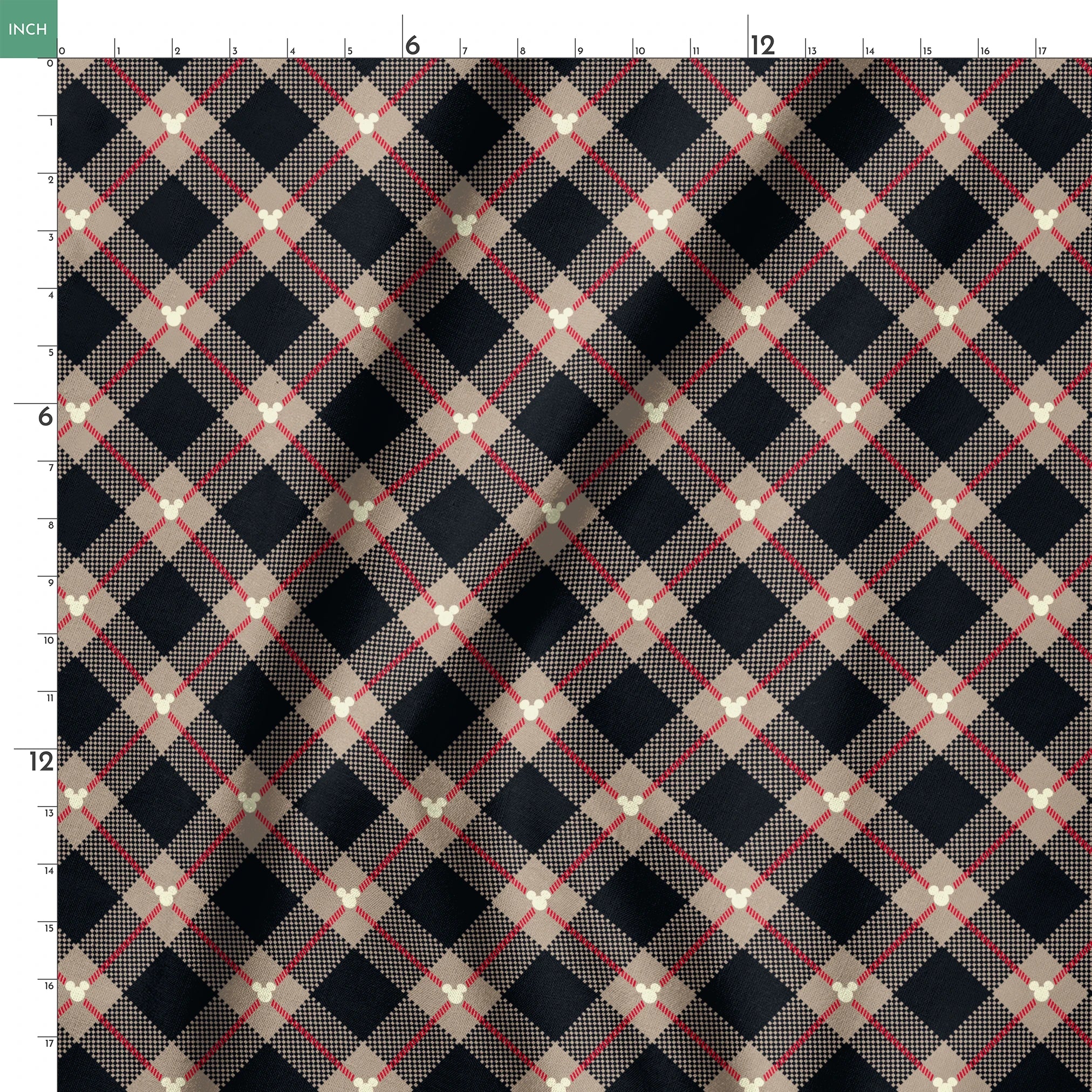 Diagonal plaid pattern with navy, beige, red stripes, checkered sections and small white circular details springs ruler 18x18