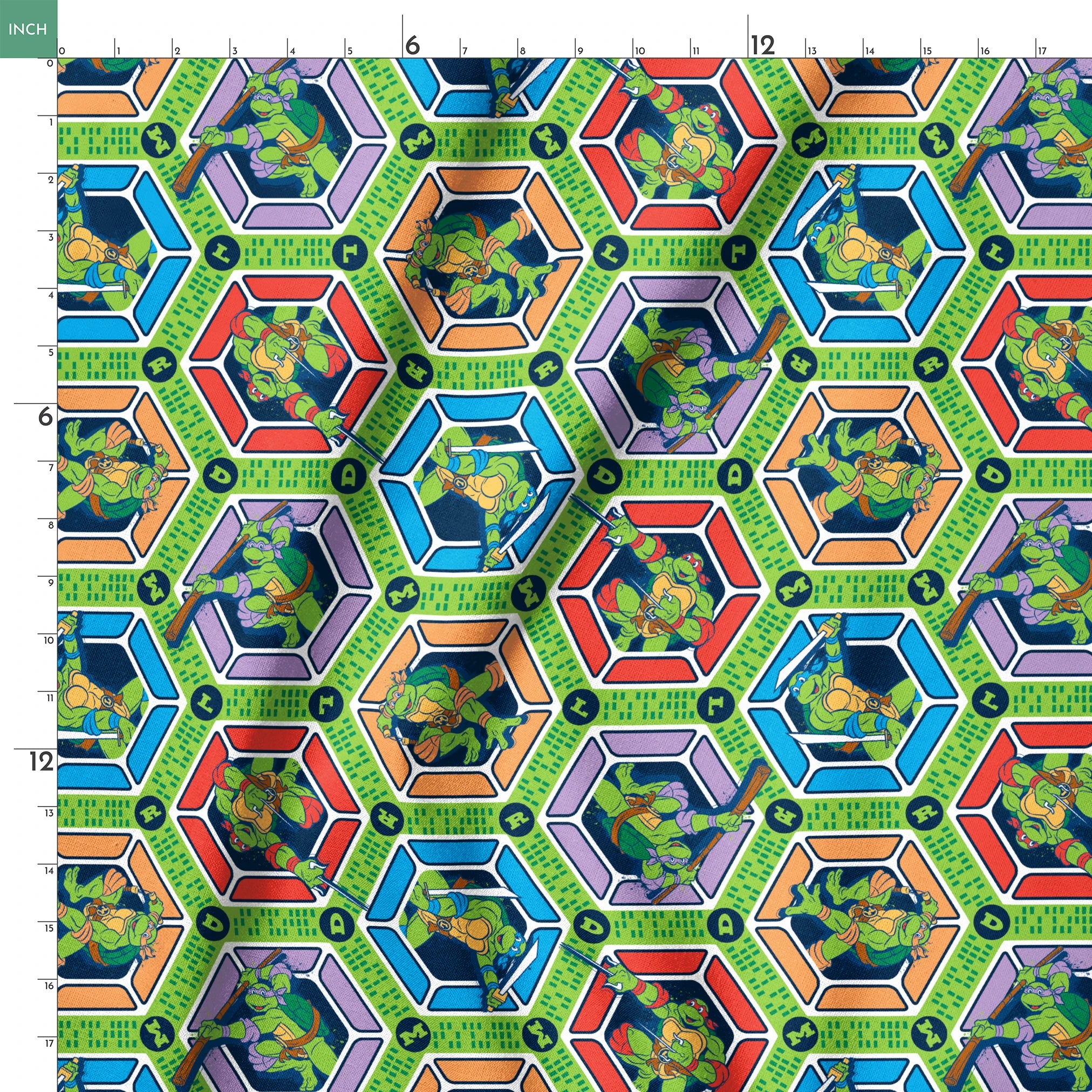 Colorful hexagonal pattern with Teenage Mutant Ninja Turtles and green text strips on blue background springs ruler 18x18
