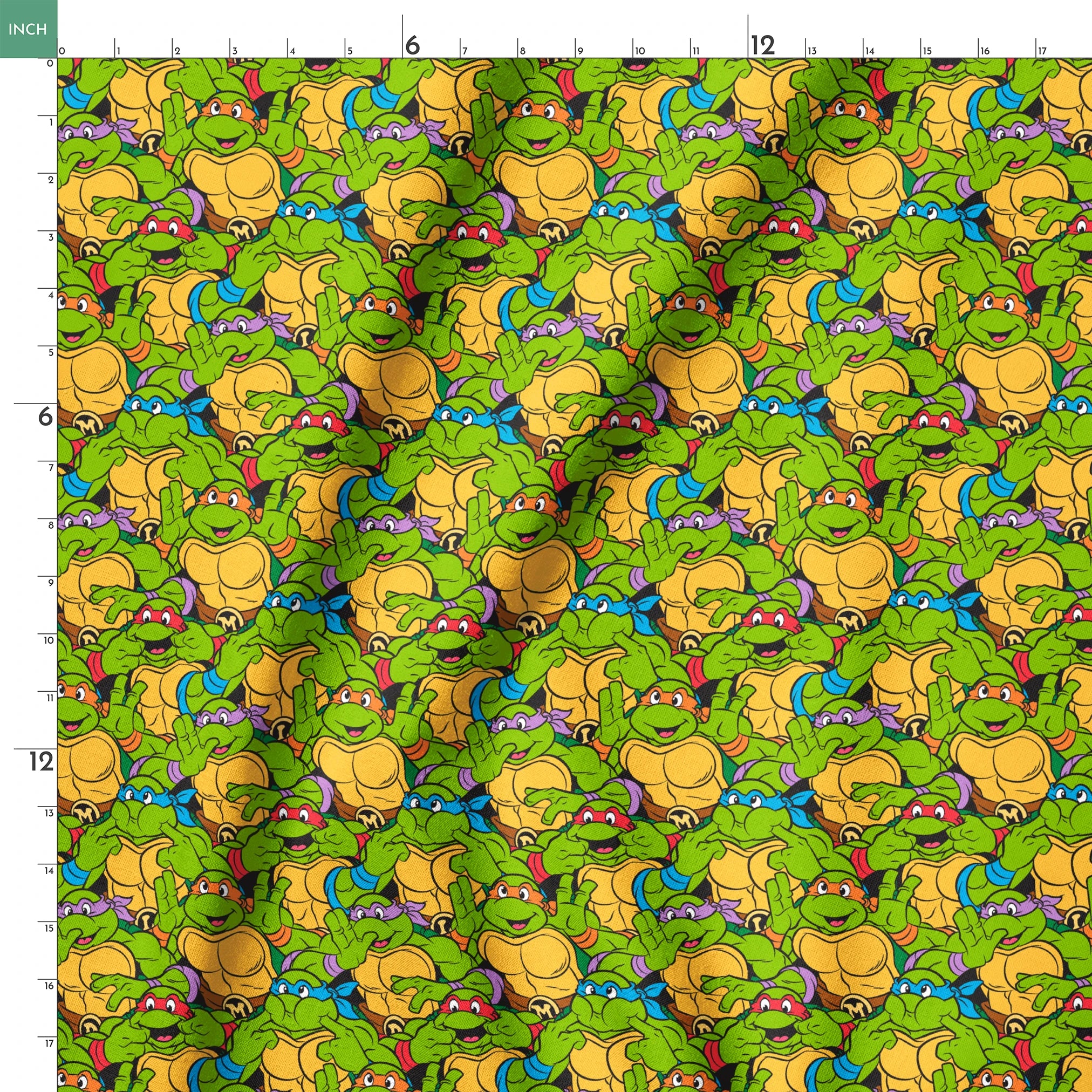 Colorful pattern of cartoon Teenage Mutant Ninja Turtles with green skin and yellow shells springs ruler 18x18