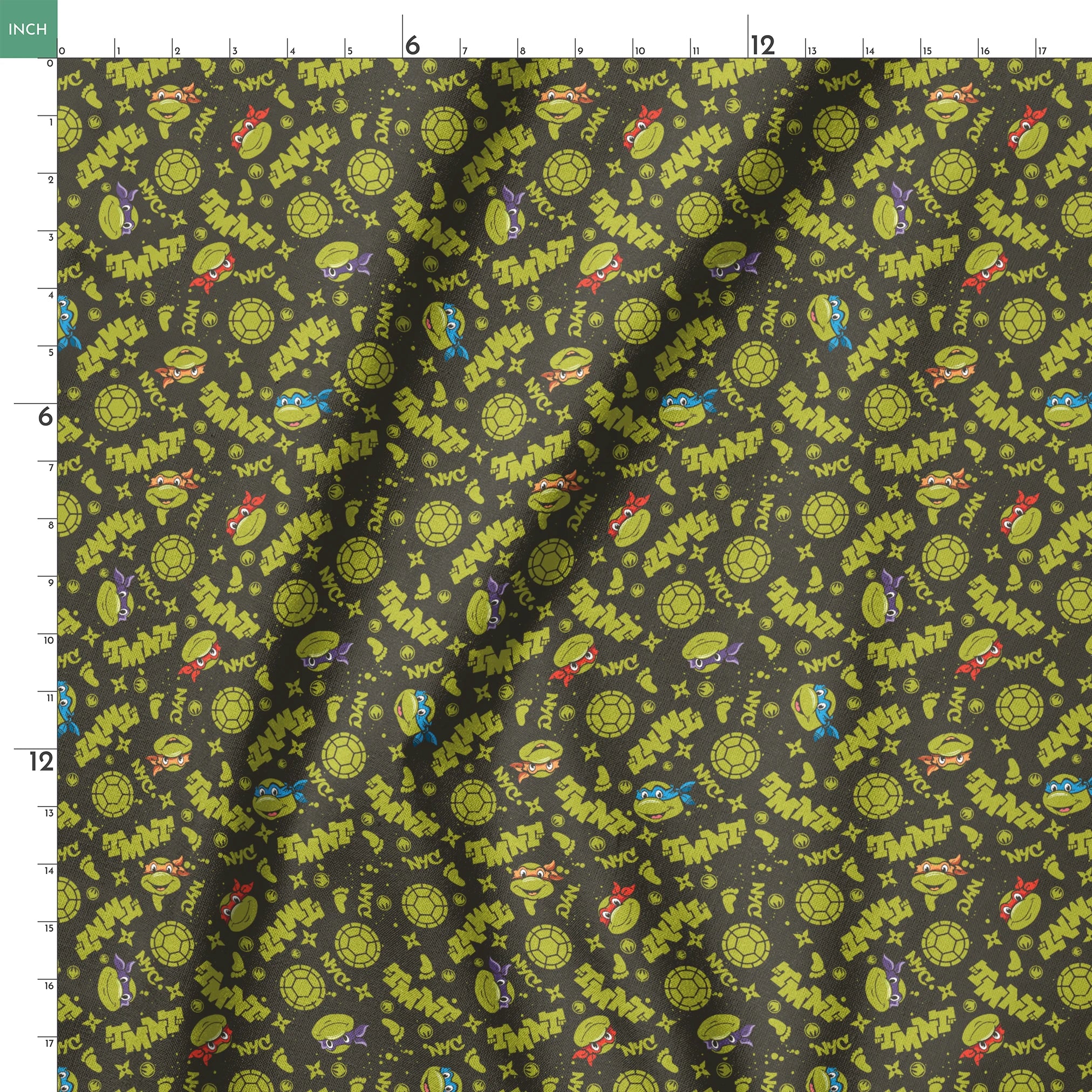 Pattern of Teenage Mutant Ninja Turtles with "TMNT" text on dark background springs ruler 18x18