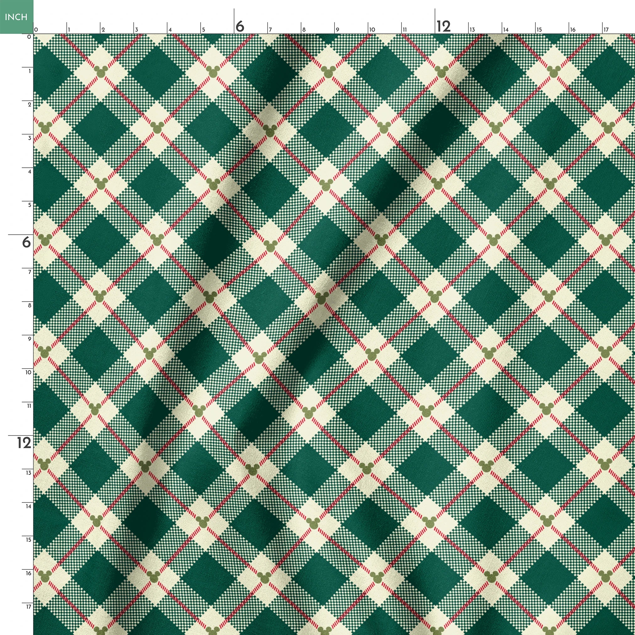 Diagonal green and cream plaid pattern with small Mickey Mouse silhouettes at intersections of red stripes springs ruler 18x18