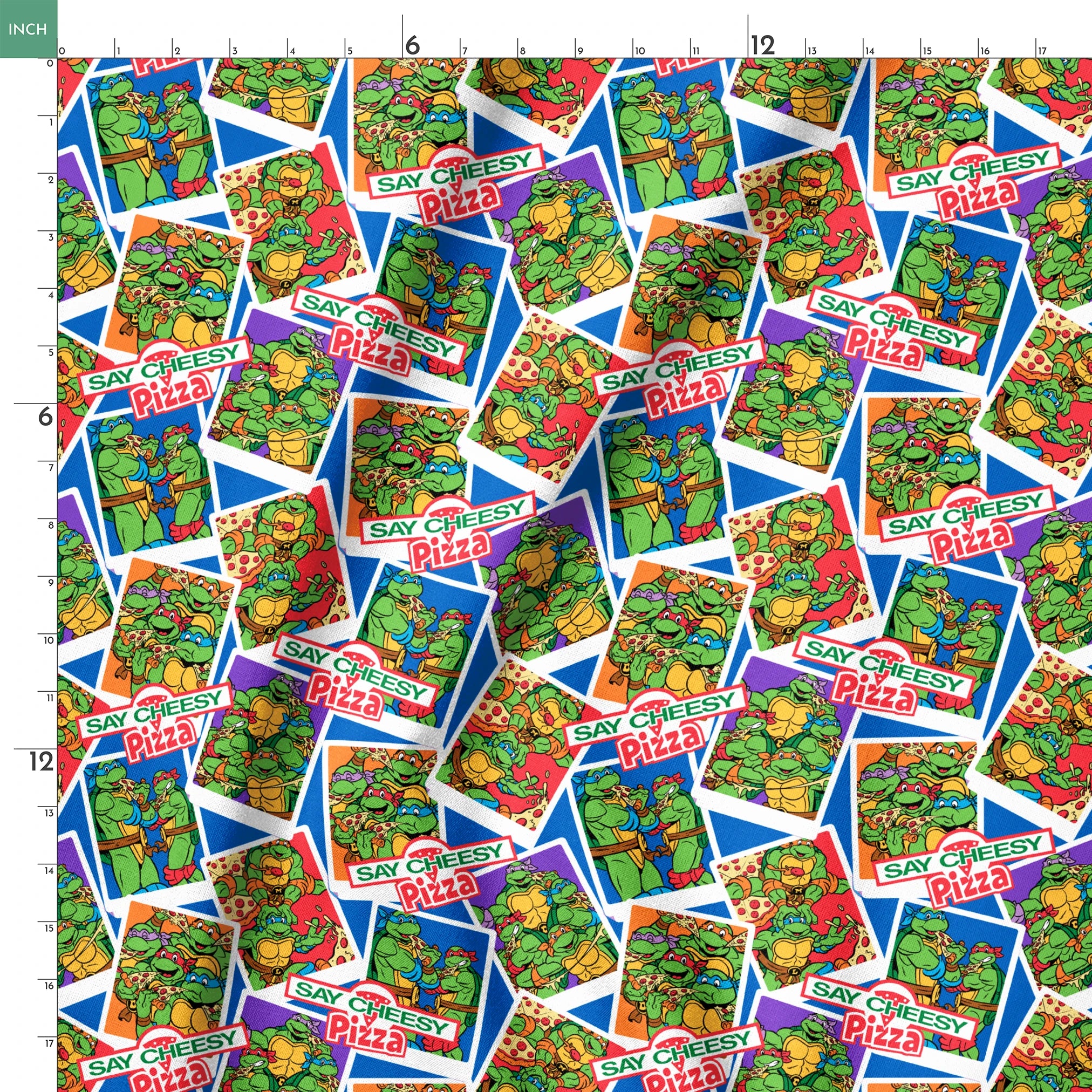 Colorful collage of Teenage Mutant Ninja Turtles cartoon characters with "Say Cheesy Pizza" text on vibrant background springs ruler 18x18