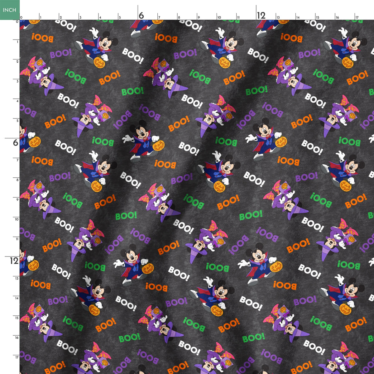 Halloween themed pattern with Disney characters in costumes, pumpkins, and colorful "BOO!" text on dark gray background. springs ruler 18x18