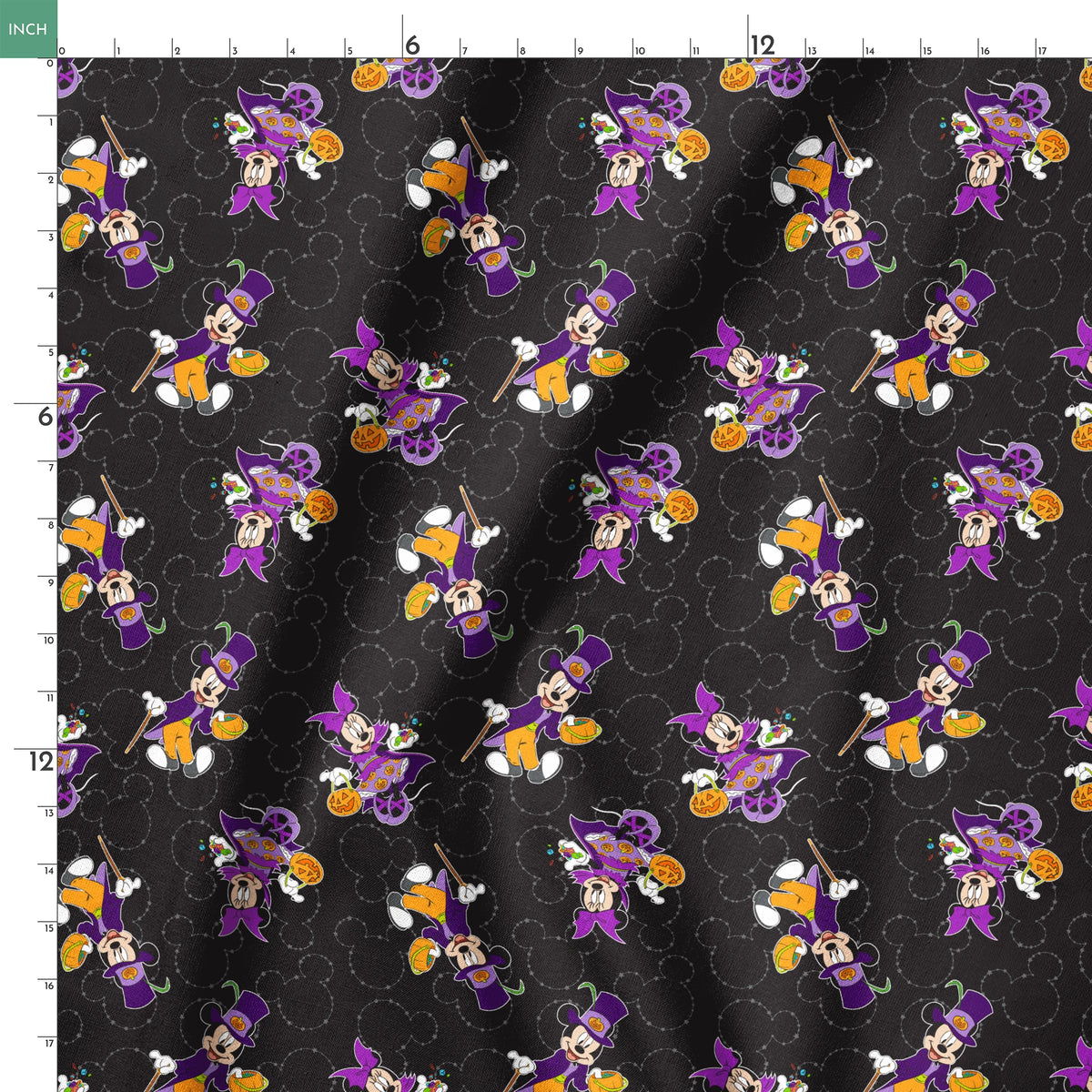 Mickey and Minnie in Halloween costumes on black background with purple, orange, and white details in a scattered pattern springs ruler 18x18