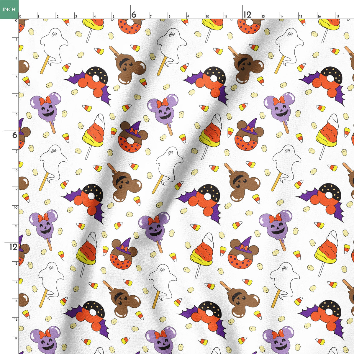 Disney Halloween themed pattern with candy lollipops, ghost, bats, and candy corn springs ruler 18x18