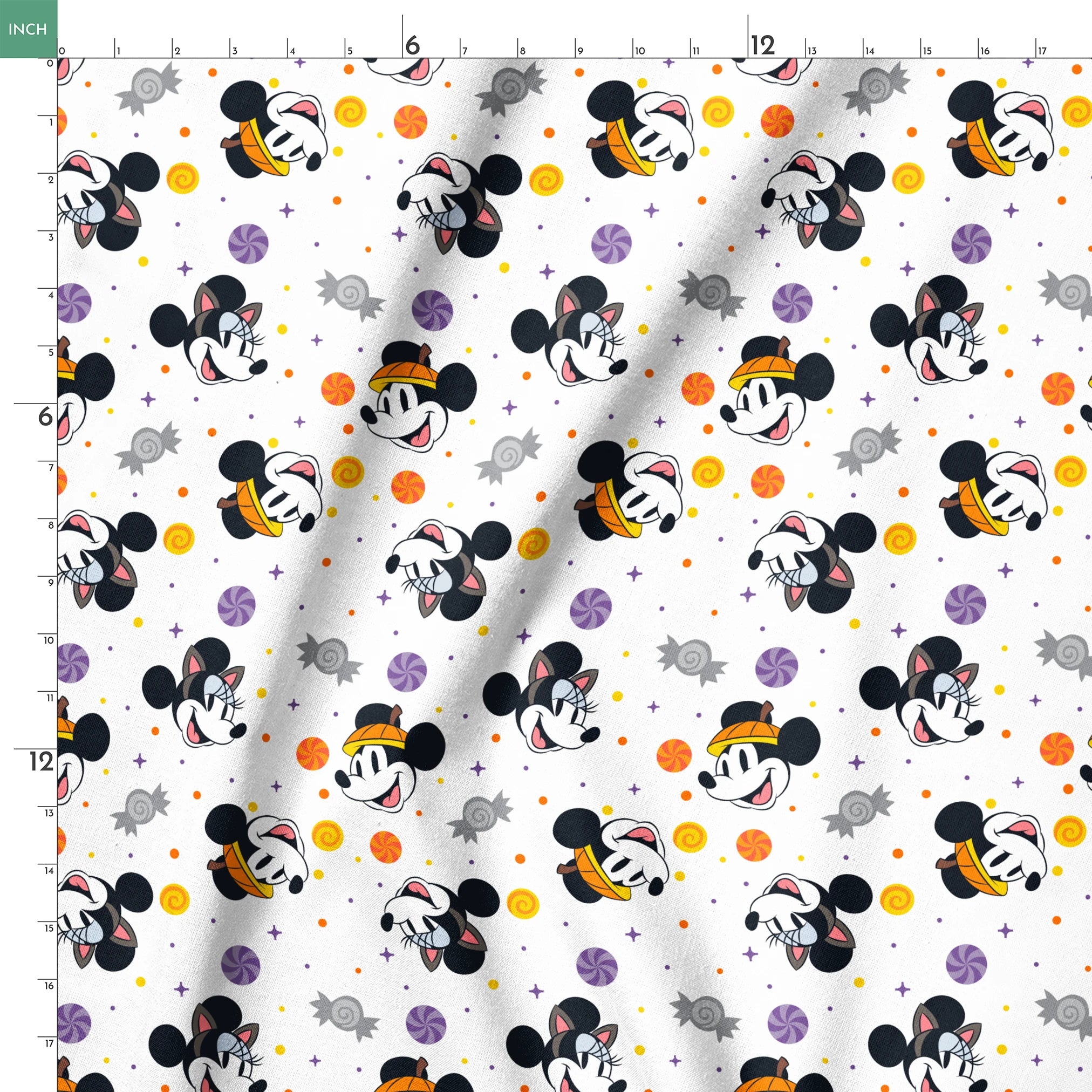 Mickey and Minnie Mouse cartoon heads scattered with wrapped candies and colorful dots on white background springs ruler 18x18