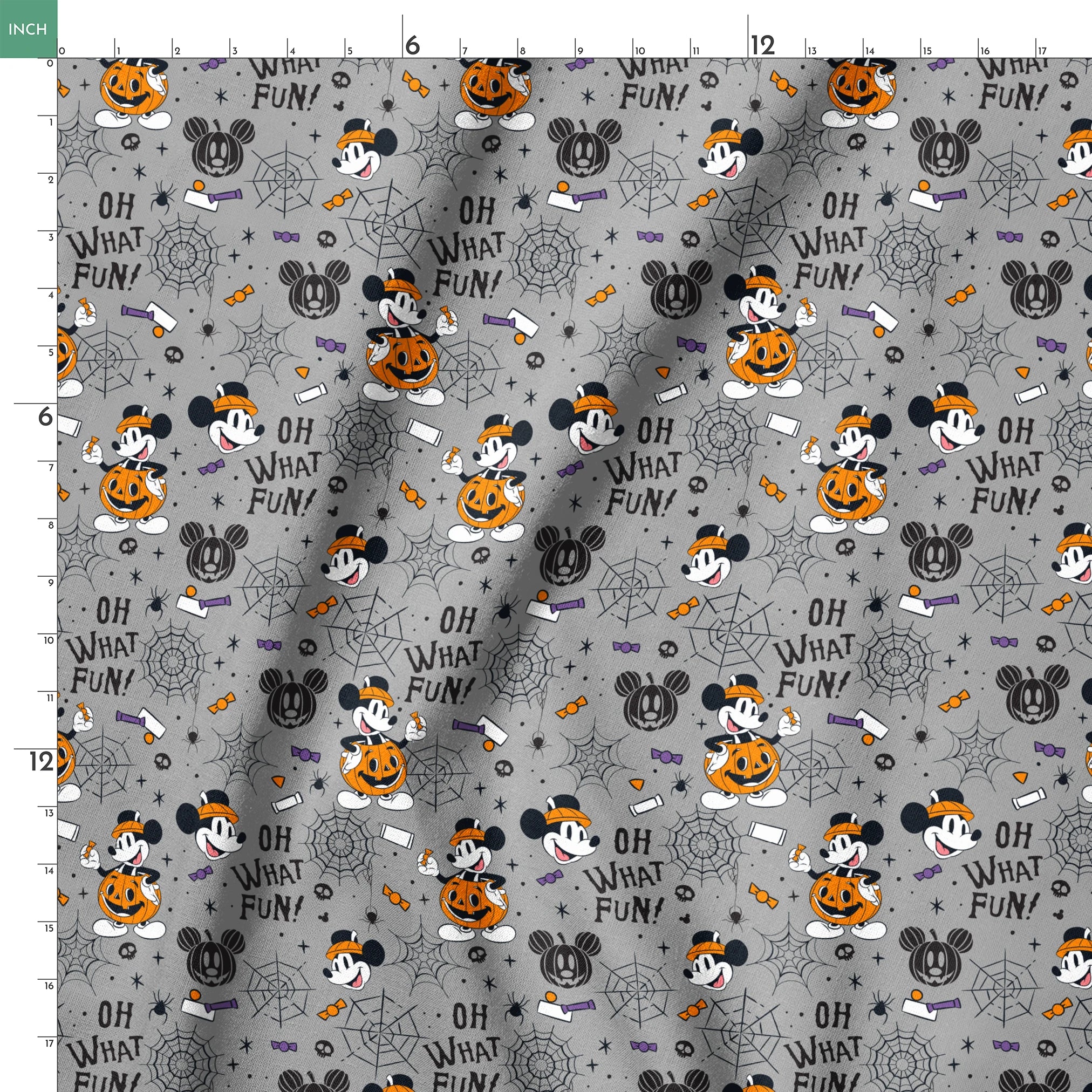 Halloween pattern with Mickey Mouse characters, pumpkins, spider webs, and "Oh What Fun!" text on gray background springs ruler 18x18