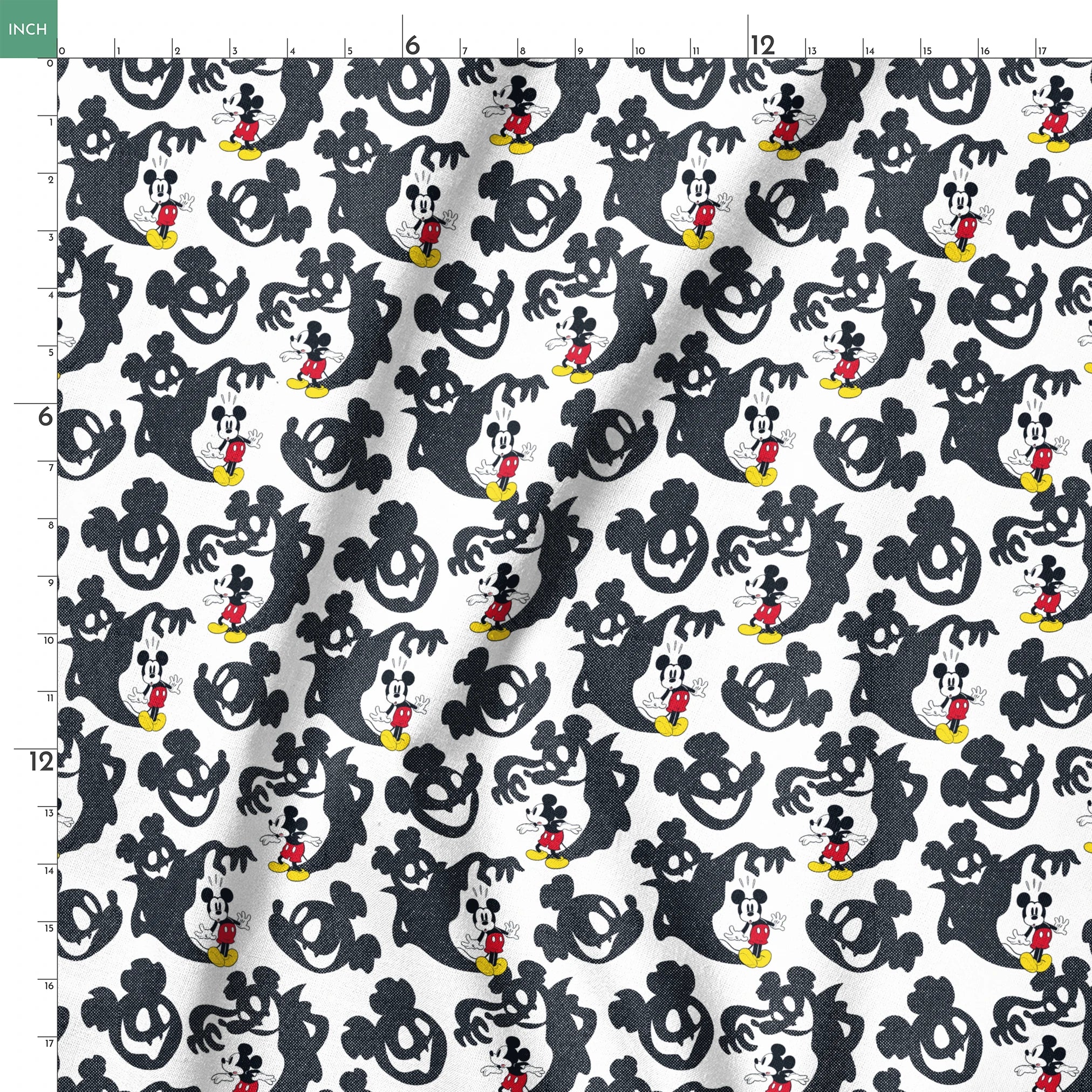 Mickey Mouse pattern with black ghost silhouettes on white background springs ruler 18x18