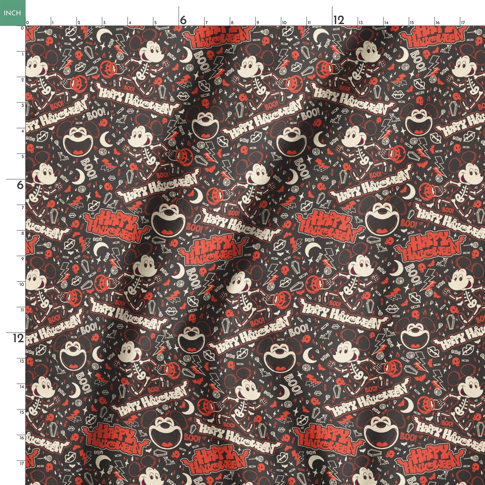 Mickey Mouse Halloween pattern with bats, pumpkins, and "Happy Halloween" text on dark background springs ruler 18x18