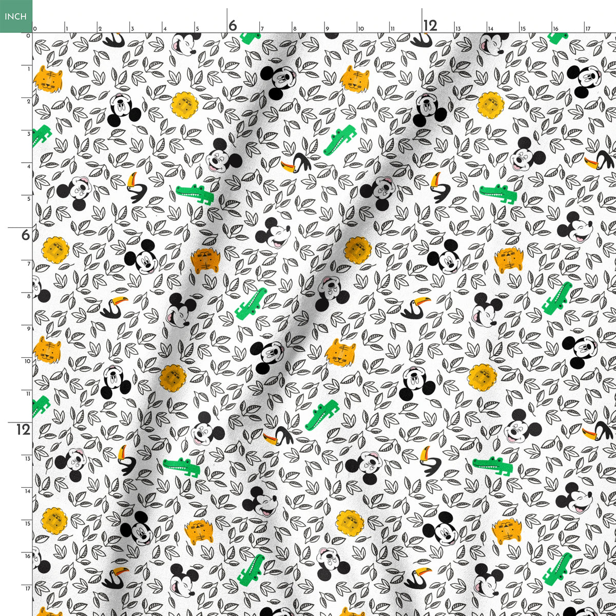 Pattern of cartoon Mickey Mouse silhouettes with yellow honeycomb, green bamboo, and black and white leaves springs ruler 18x18