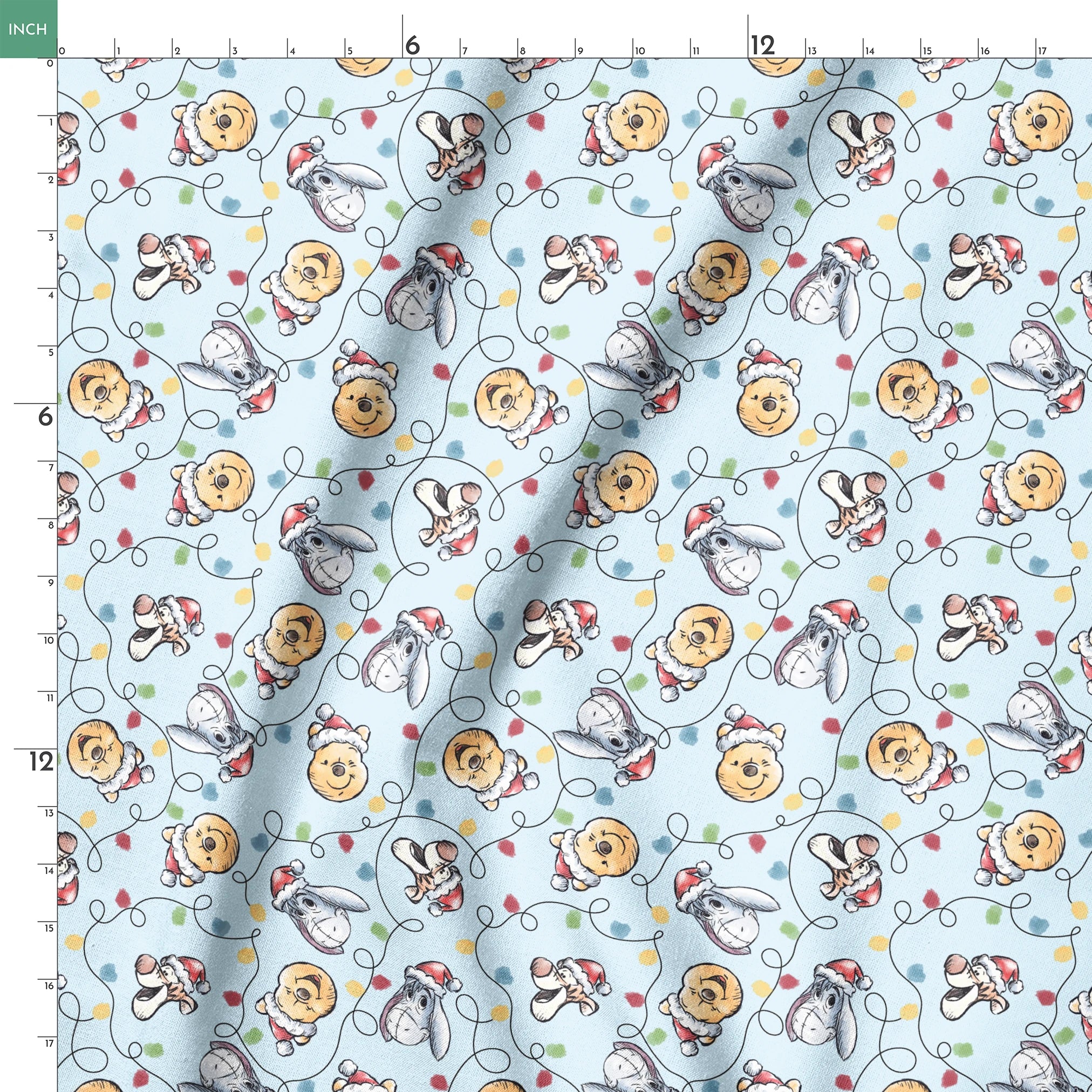 Winnie the Pooh Christmas pattern with Pooh bear, Eeyore, and Tigger in Santa hats on blue background springs ruler 18x18