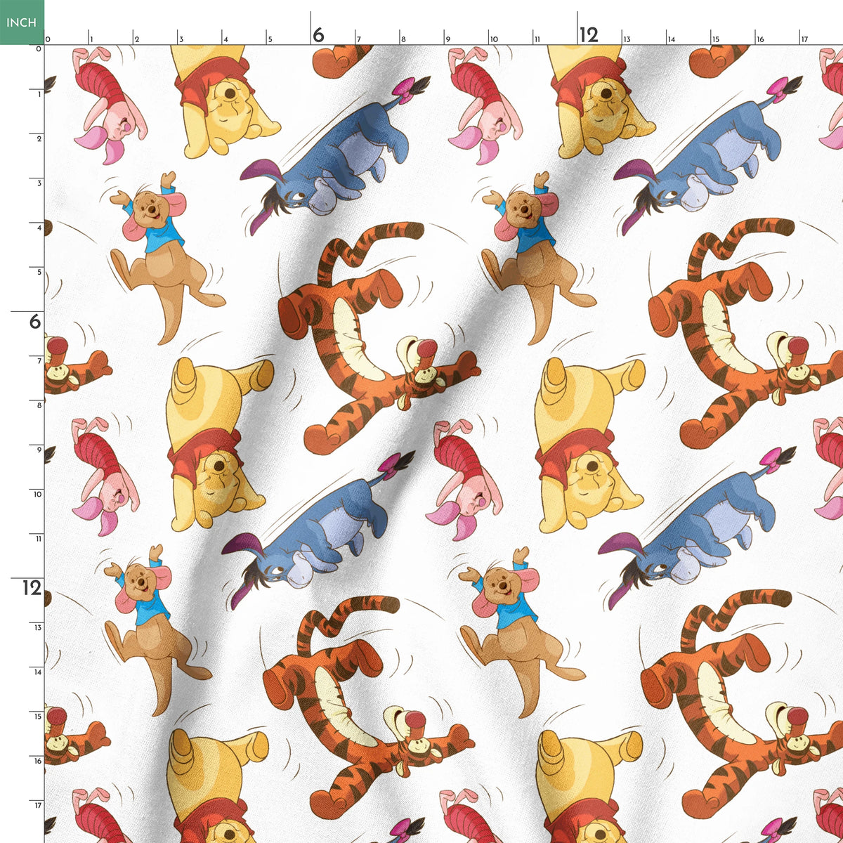 Colorful pattern featuring Winnie the Pooh characters jumping and bouncing on white background springs ruler 18x18