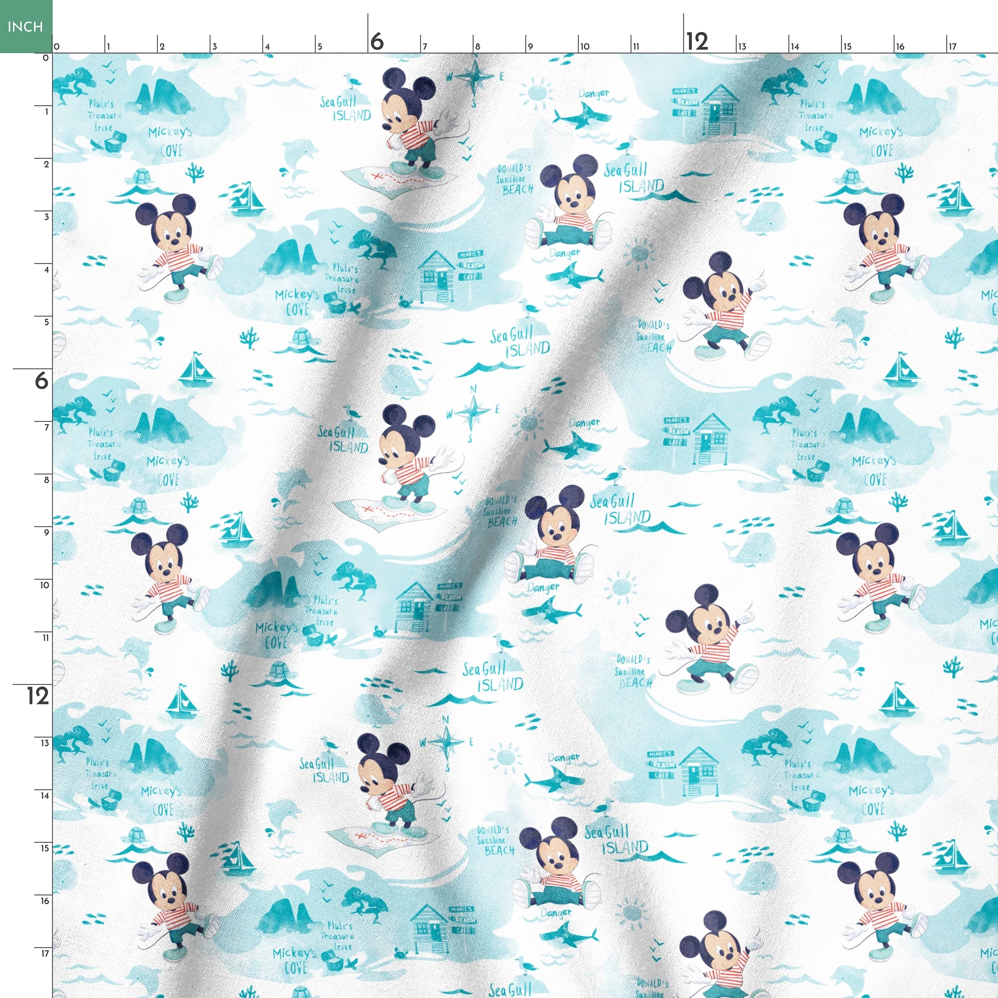 Cartoon Mickey Mouse pattern with turquoise ocean elements, sharks, waves, and "Safari" text springs ruler 18x18
