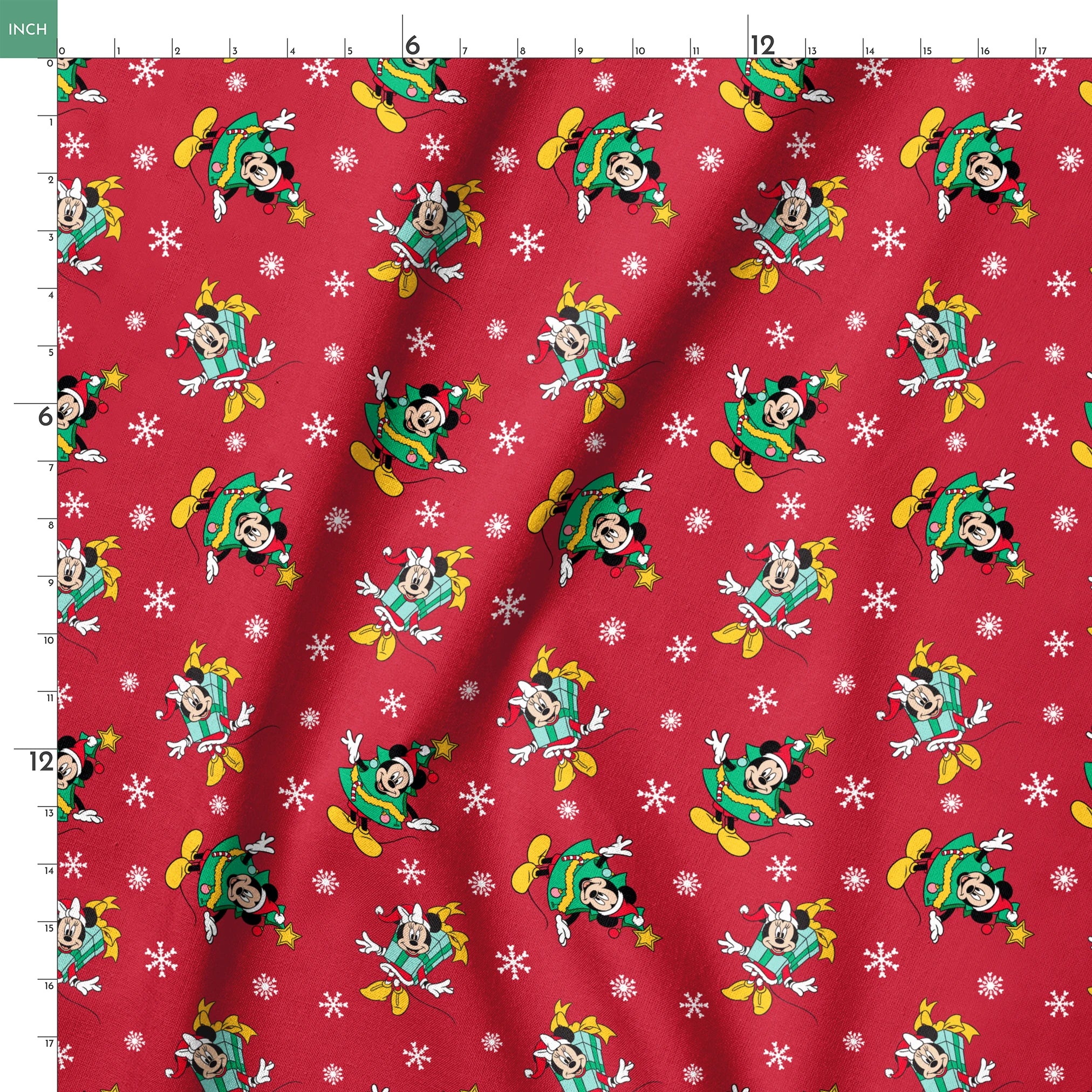 Disney characters in holiday outfits on red background with white snowflakes springs ruler 18x18