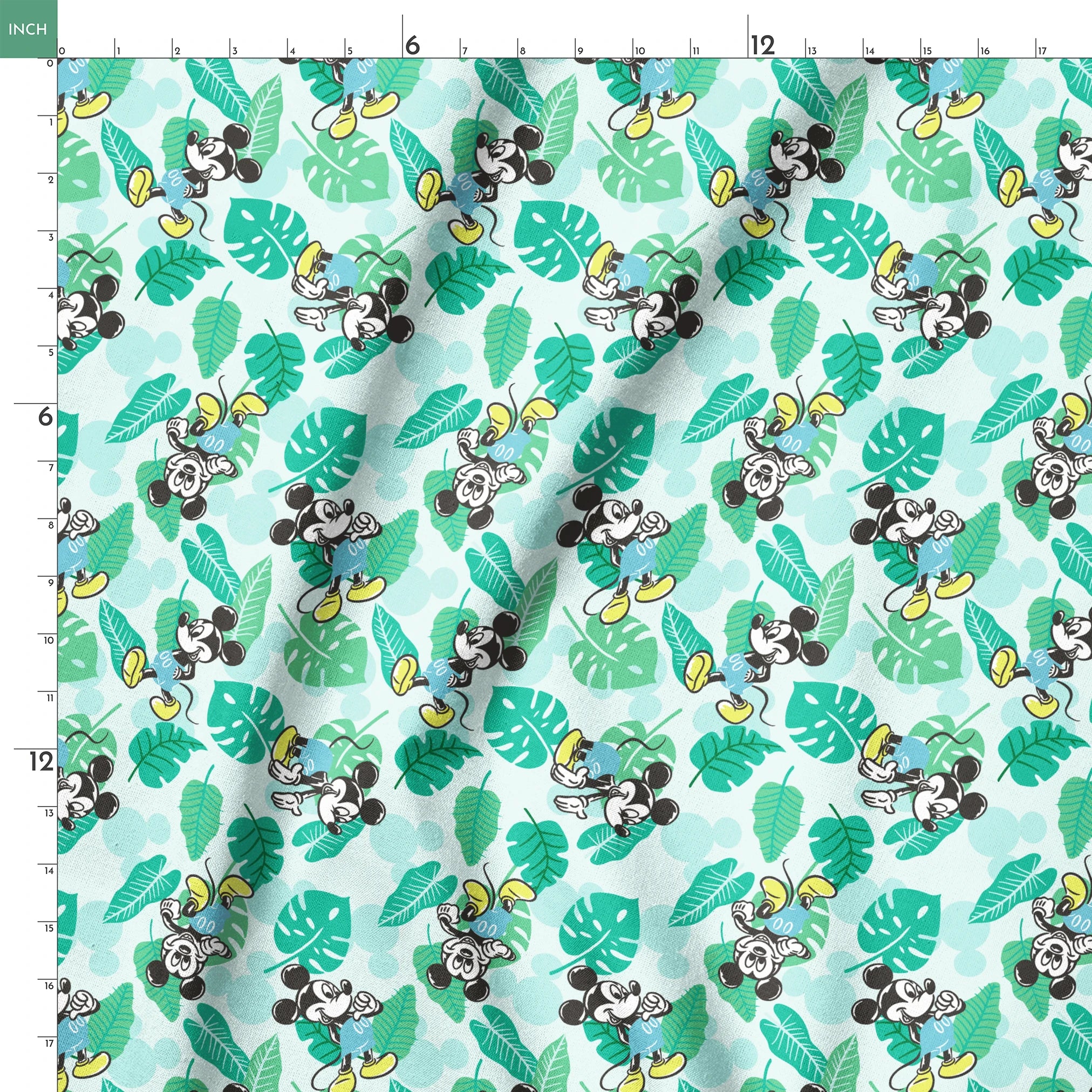 Colorful pattern with cartoon mice characters and tropical green leaves on a light blue background springs ruler 18x18