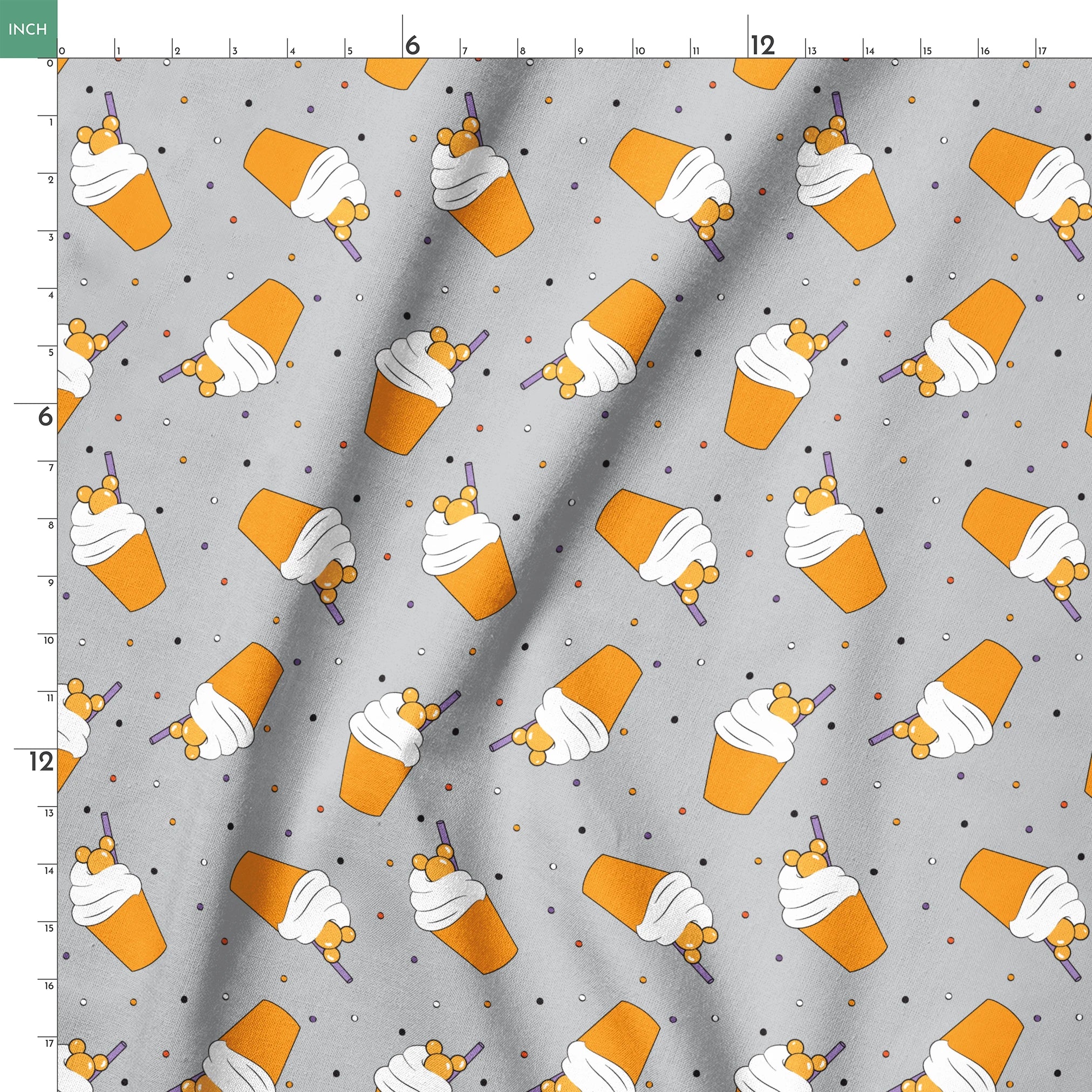 Orange Disney-inspired drinks with whipped cream and purple straws on gray background with colorful dots springs ruler 18x18