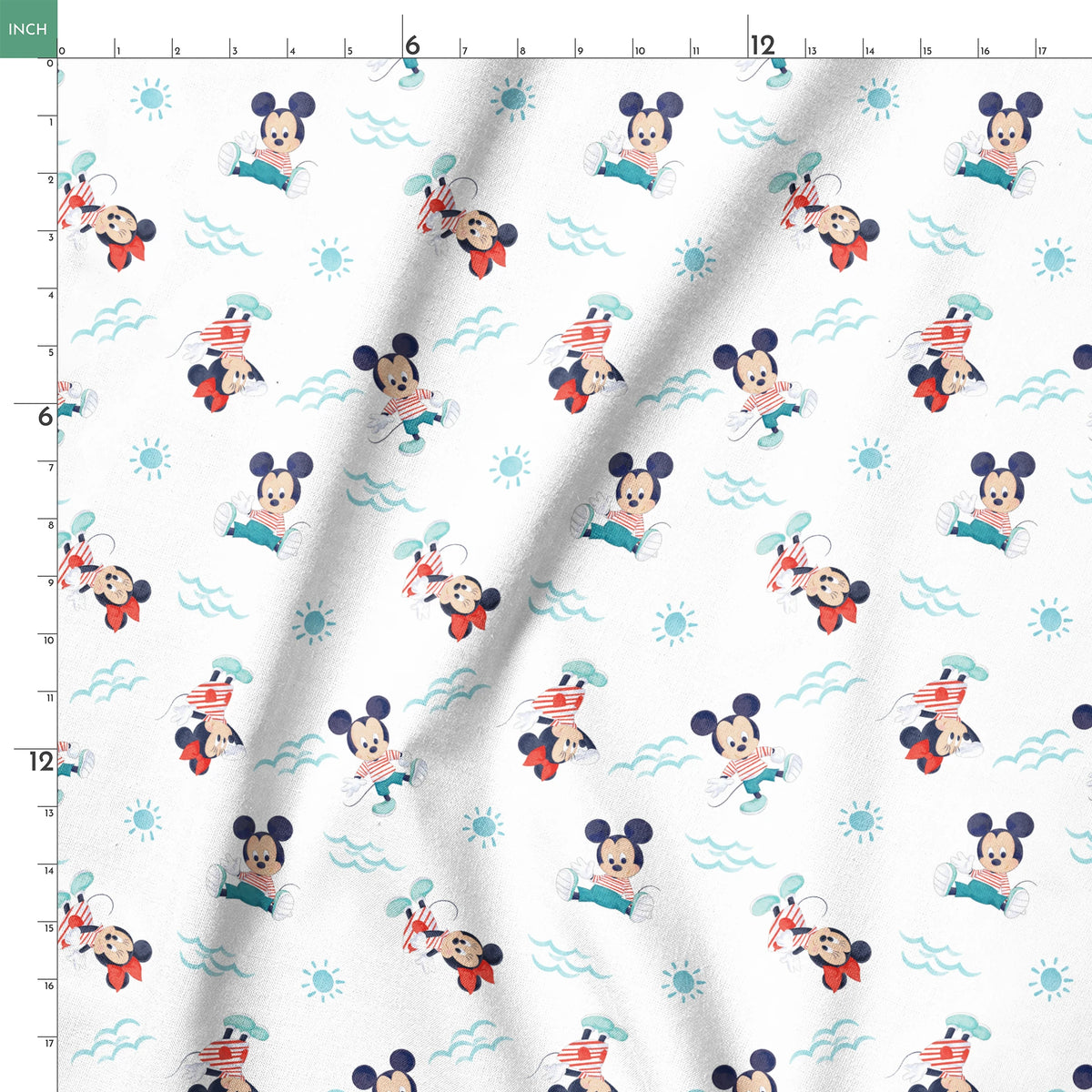 Mickey Mouse pattern with characters in various poses, blue waves and suns on white background, nautical theme springs ruler 18x18