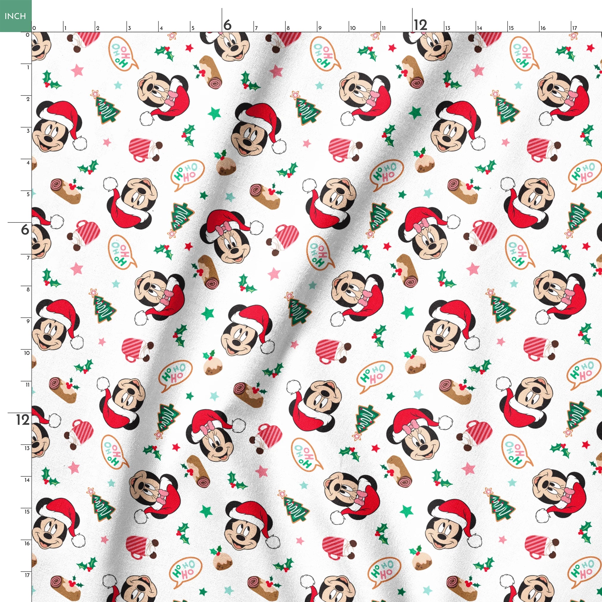 Mickey Mouse Christmas pattern with Santa hats, holly, speech bubbles, and festive decorations on white background springs ruler 18x18