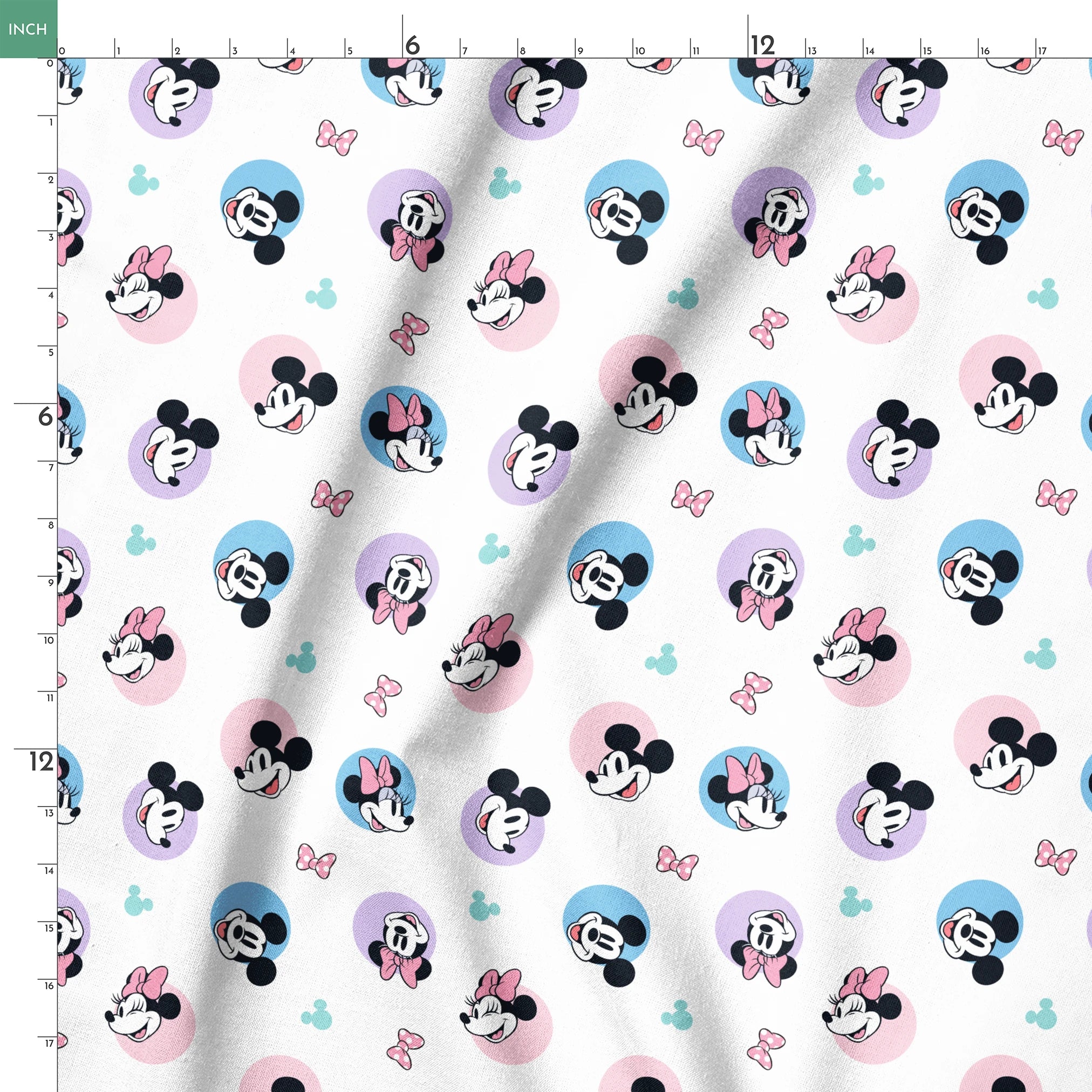 Disney Mickey and Minnie Mouse pattern with character heads on pastel circles, pink bows, and small Mickey icons springs ruler 18x18