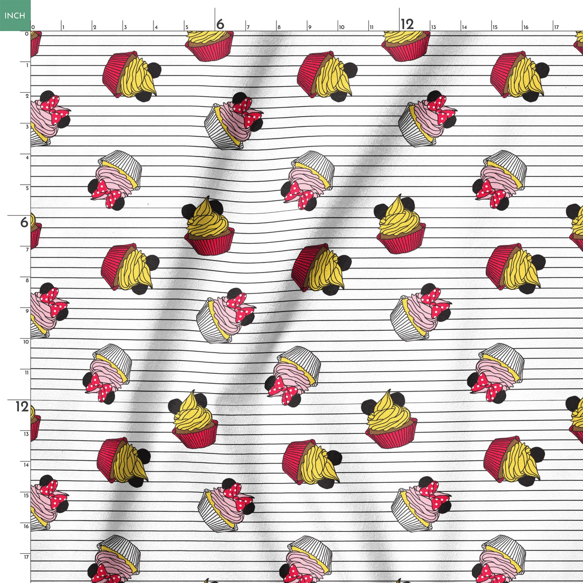 Colorful cartoon cupcakes with Mickey Mouse ears and bows scattered on striped background springs ruler 18x18